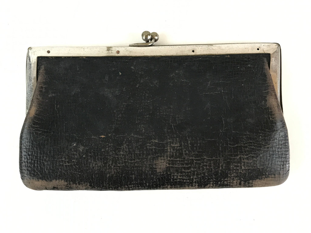 Japanese Black Leather Wallet Purse Clasp Vtg Inner Coin Section Showa Era JK483