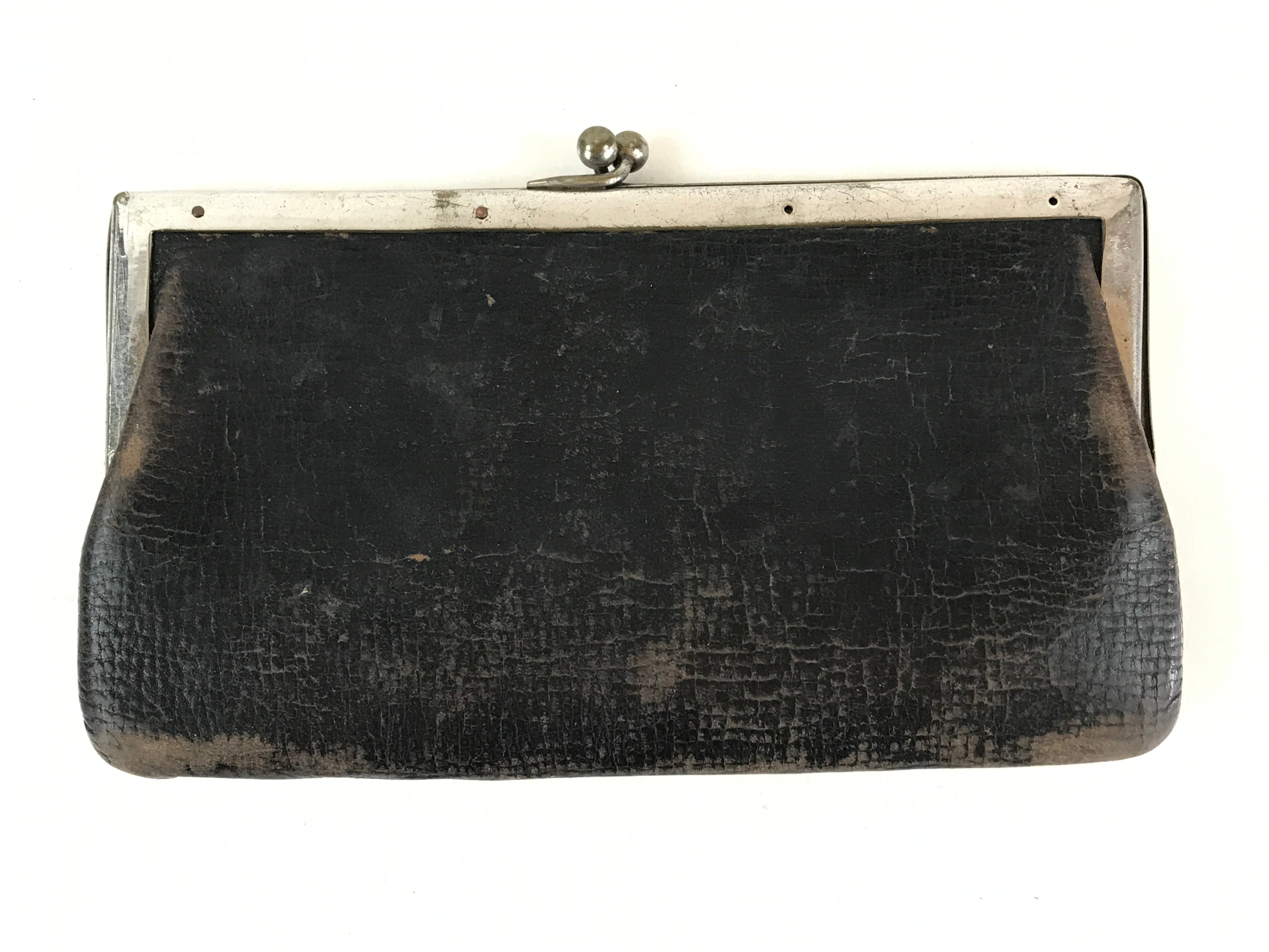 Japanese Black Leather Wallet Purse Clasp Vtg Inner Coin Section Showa Era JK483