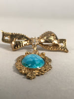 Japanese Blue Opal Oval Glass Brooch Metal Ribbon Vtg Bijou Pin Gold JK42