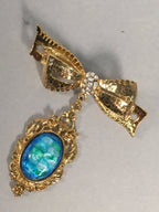 Japanese Blue Opal Oval Glass Brooch Metal Ribbon Vtg Bijou Pin Gold JK43