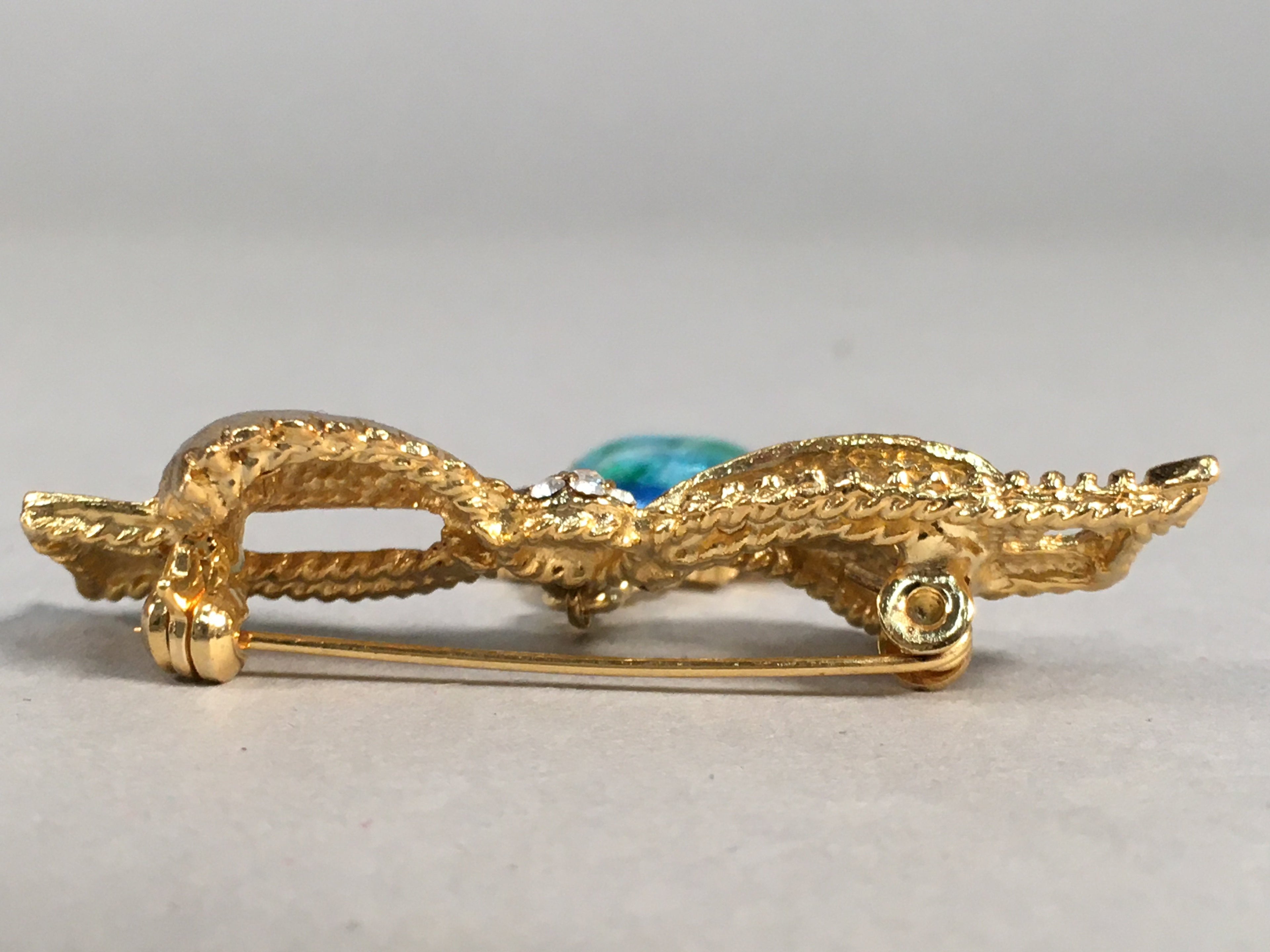 Japanese Blue Opal Oval Glass Brooch Metal Ribbon Vtg Bijou Pin Gold JK43