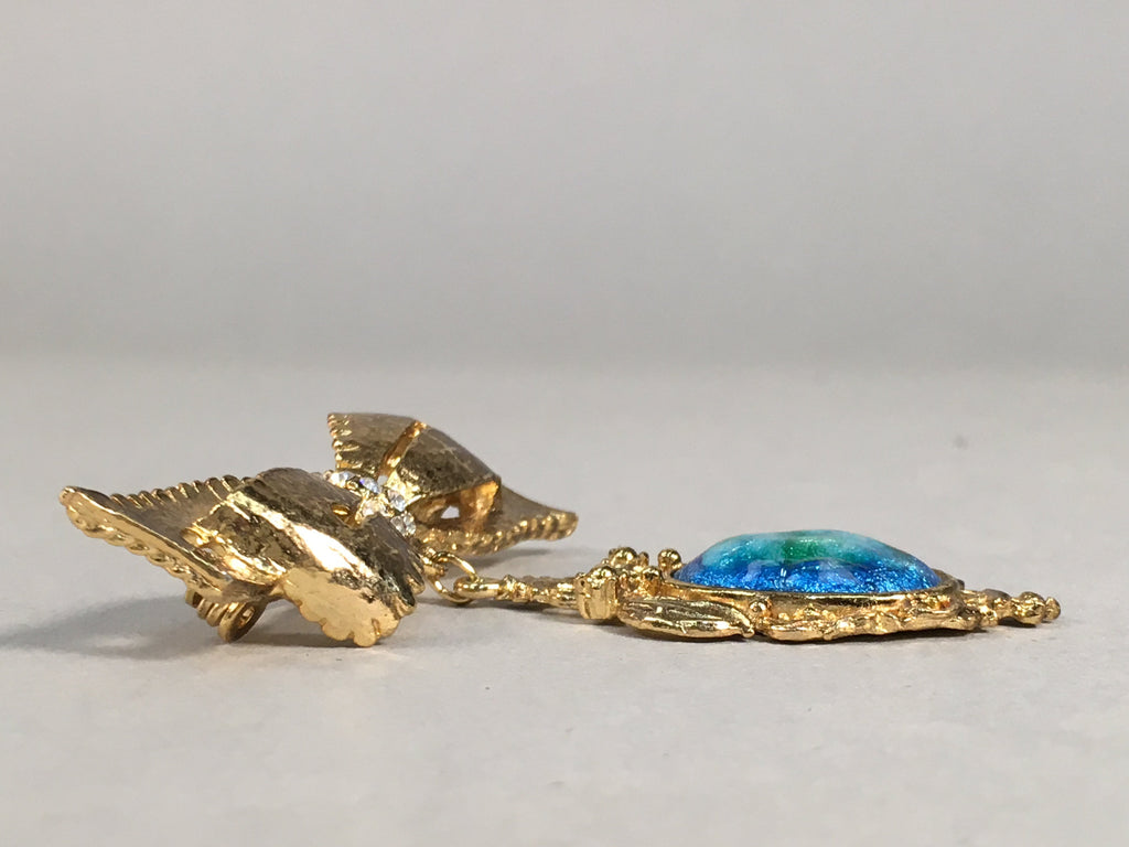 Japanese Blue Opal Oval Glass Brooch Metal Ribbon Vtg Bijou Pin Gold JK43
