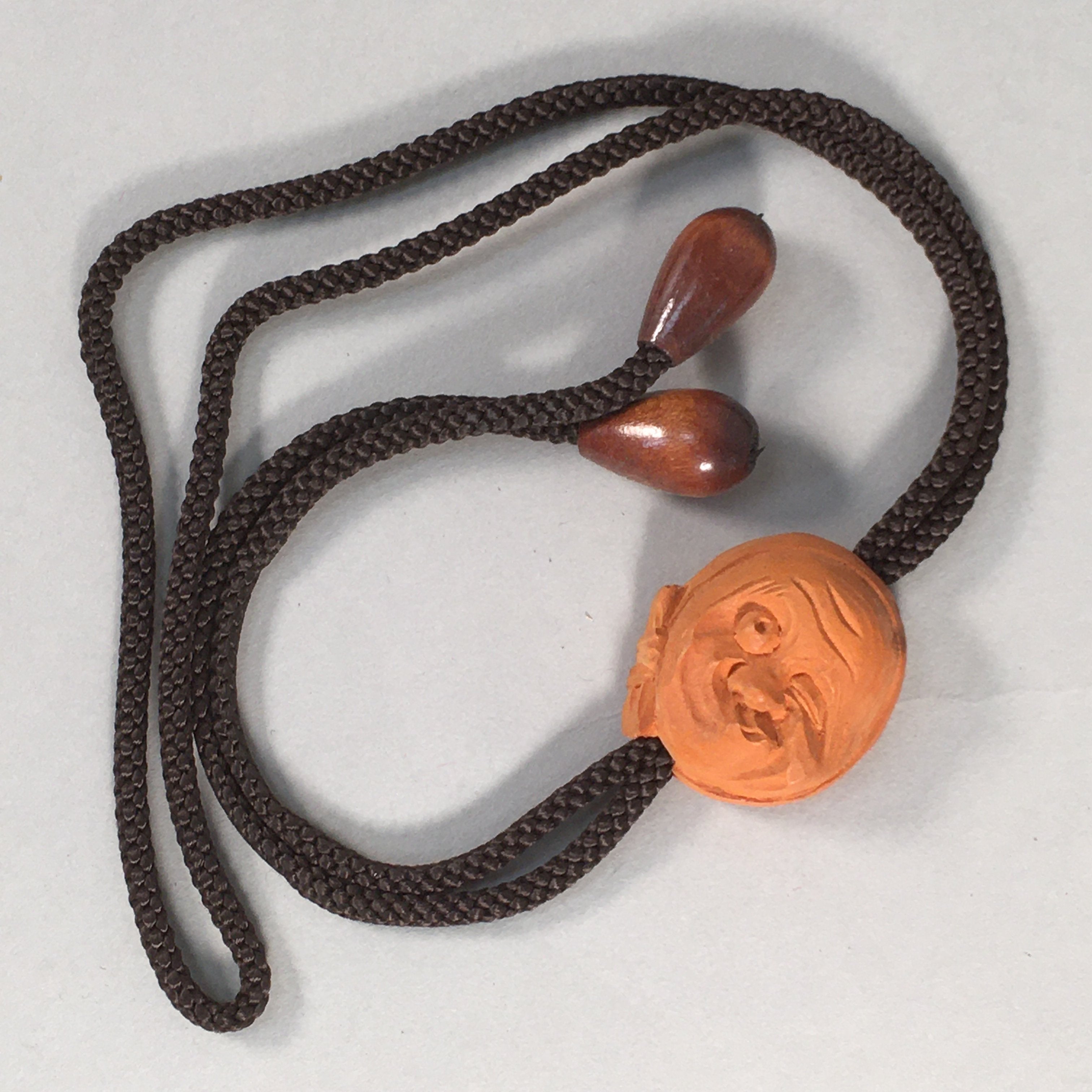 Japanese Bolo Tie Vtg Necklace Wood Carved Hyottoko Mask JK32