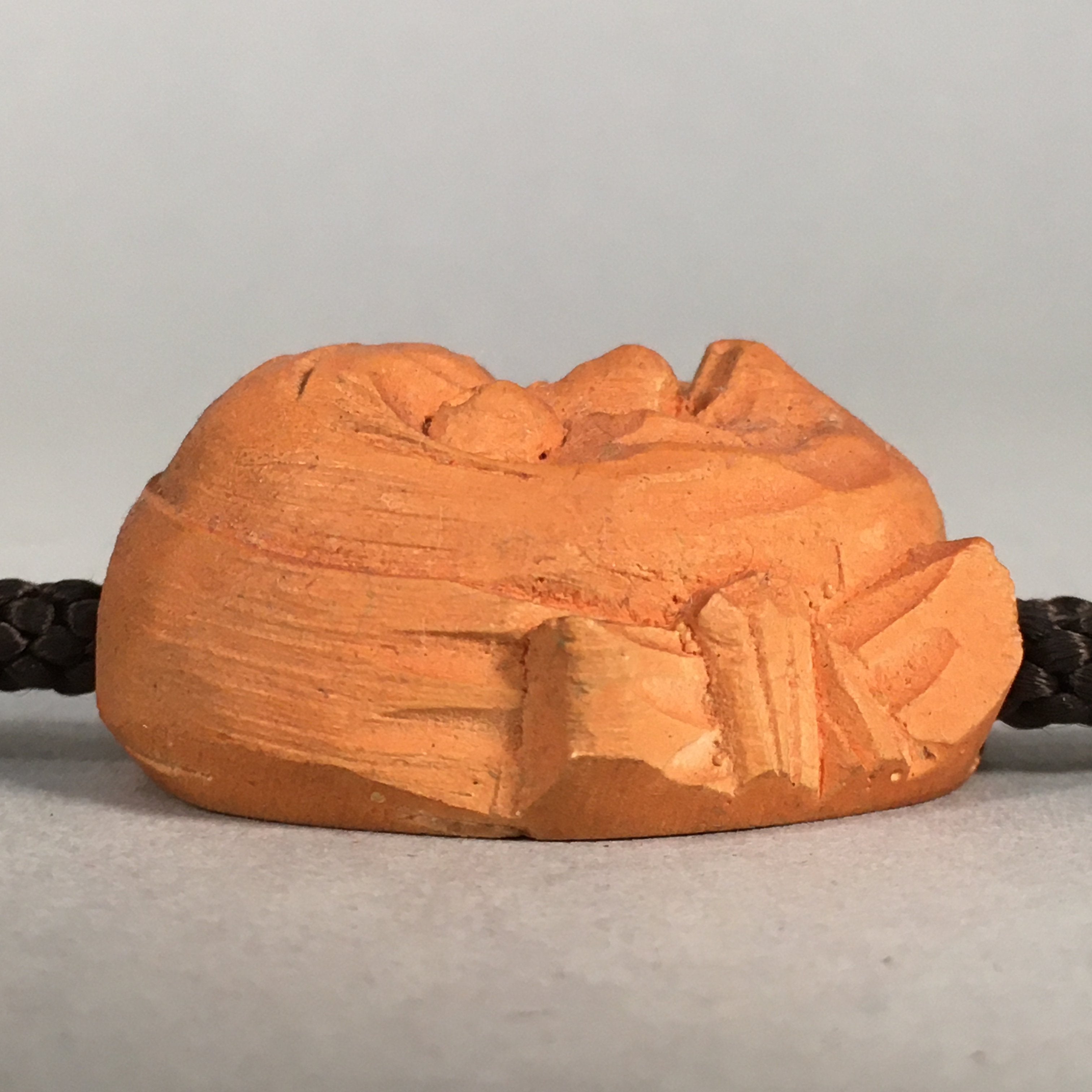 Japanese Bolo Tie Vtg Necklace Wood Carved Hyottoko Mask JK32