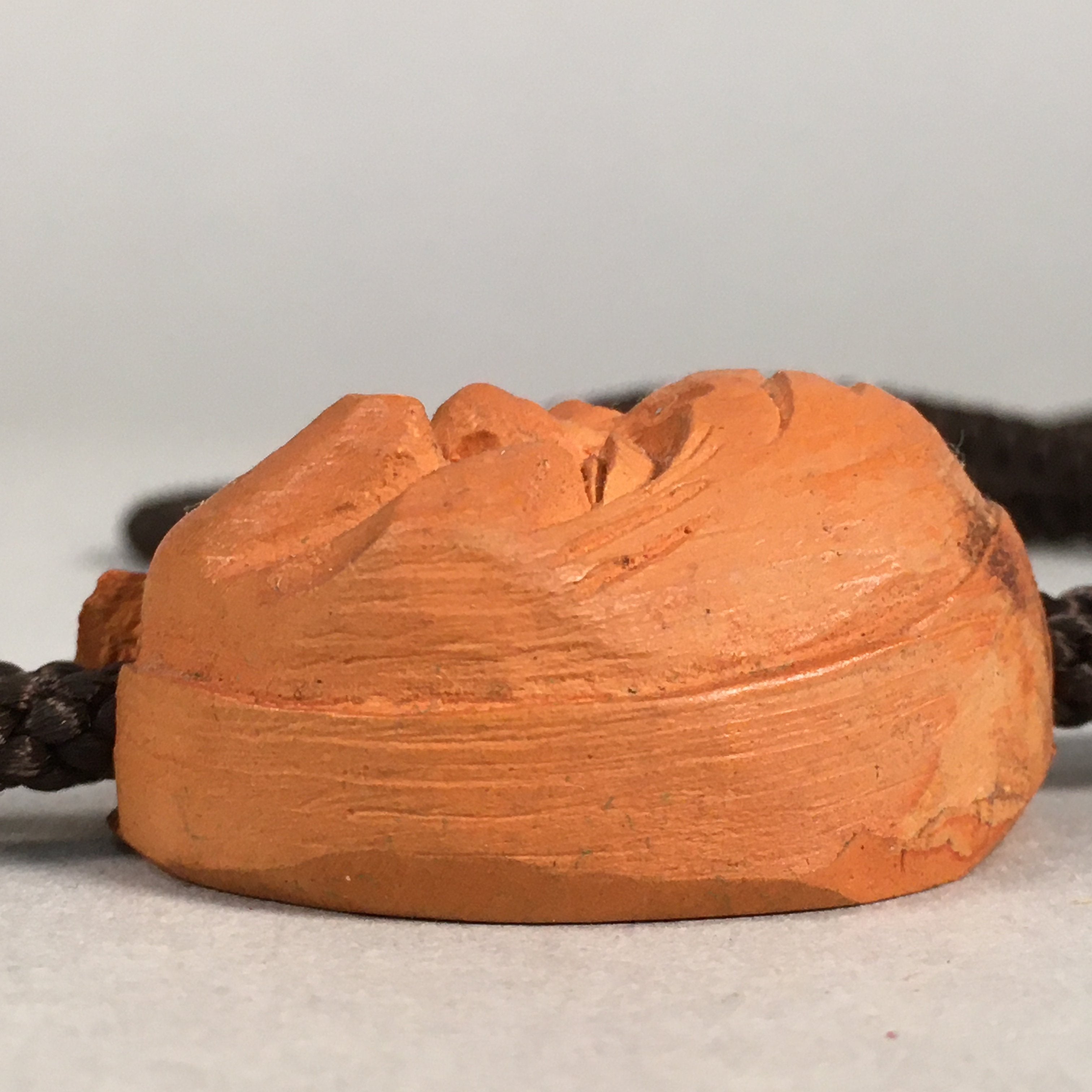 Japanese Bolo Tie Vtg Necklace Wood Carved Hyottoko Mask JK32