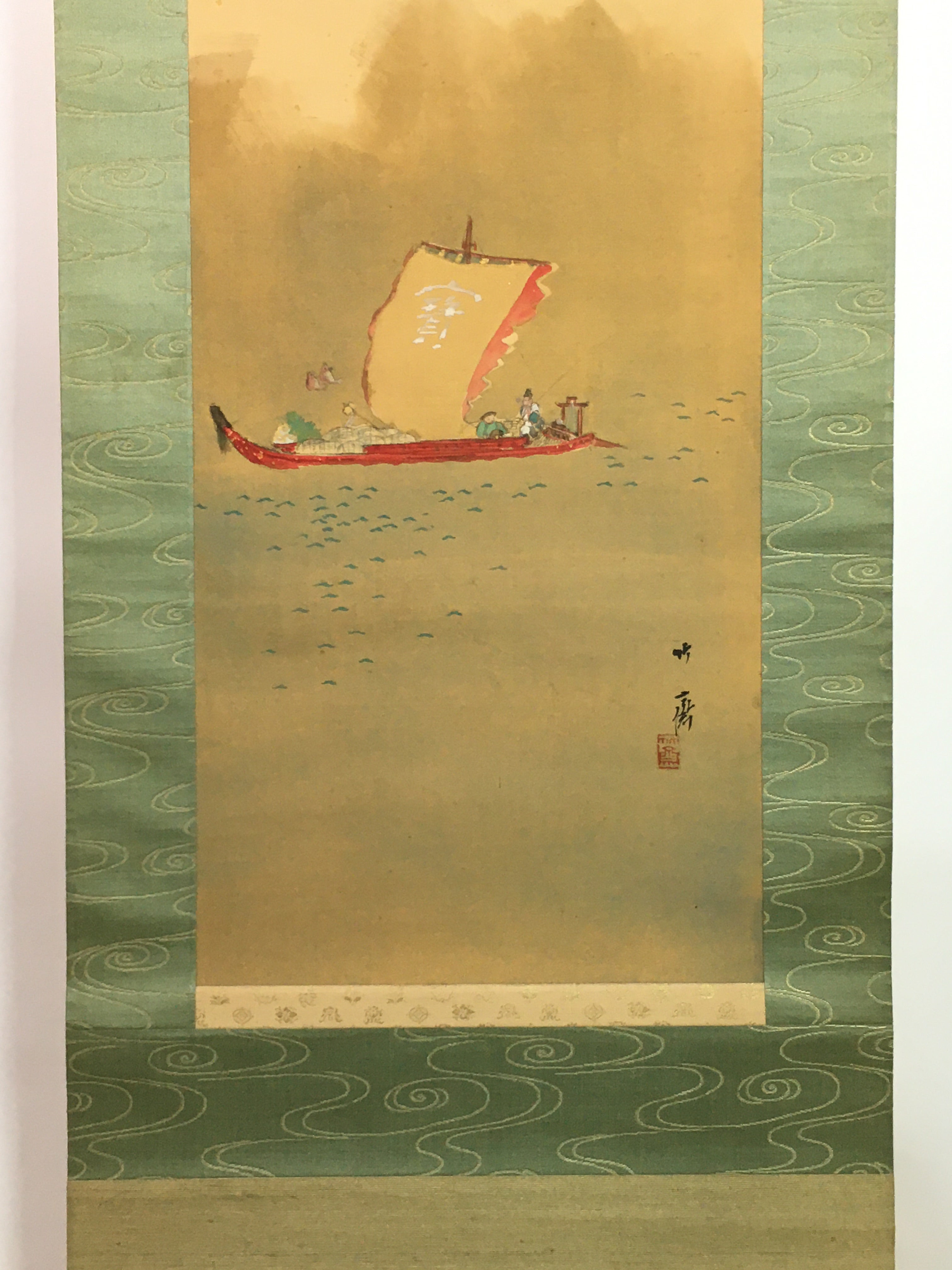 Japanese Boxed Hanging Scroll Vtg Kakejiku Kakemono Treasure Ship SC759