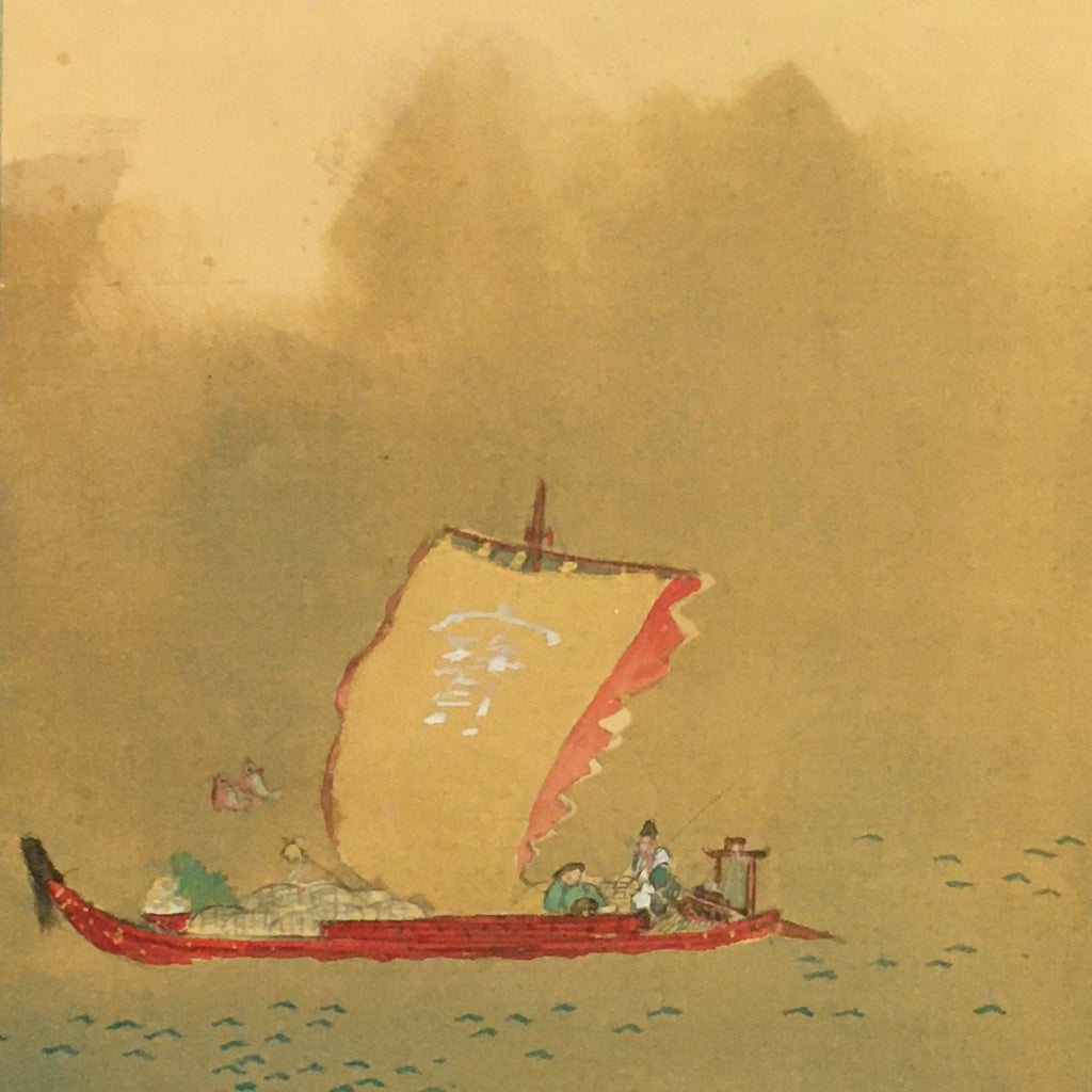 Japanese Boxed Hanging Scroll Vtg Kakejiku Kakemono Treasure Ship SC759