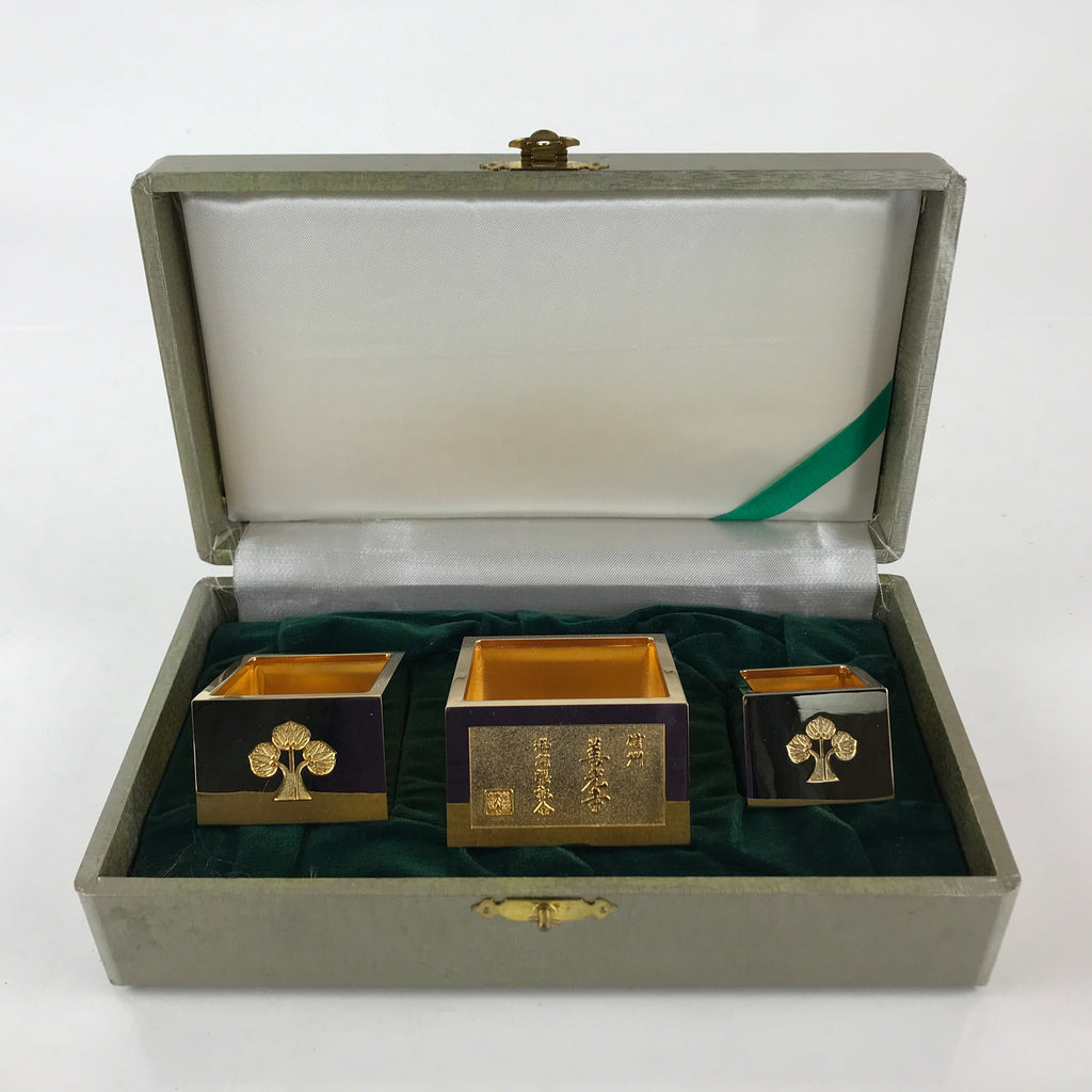Japanese Boxed Zenkoji Gokaicho Memorial Masu Sake Cup 3 Cup Set Vtg Gold PX674