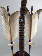 Japanese Boy's Day Bow Arrow Display Vtg Stand Wood Feather Amulet ID342