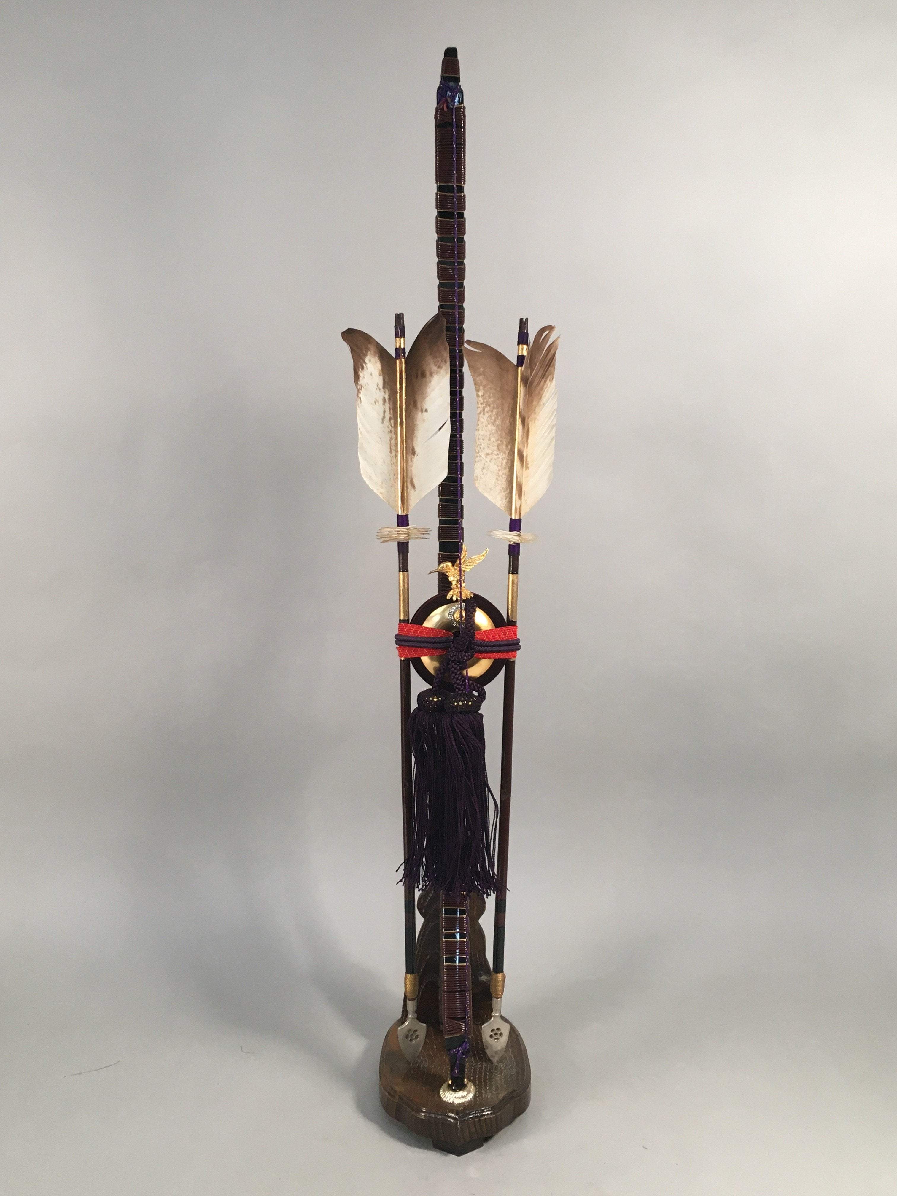 Japanese Boy's Day Bow Arrow Display Vtg Stand Wood Feather Amulet ID342