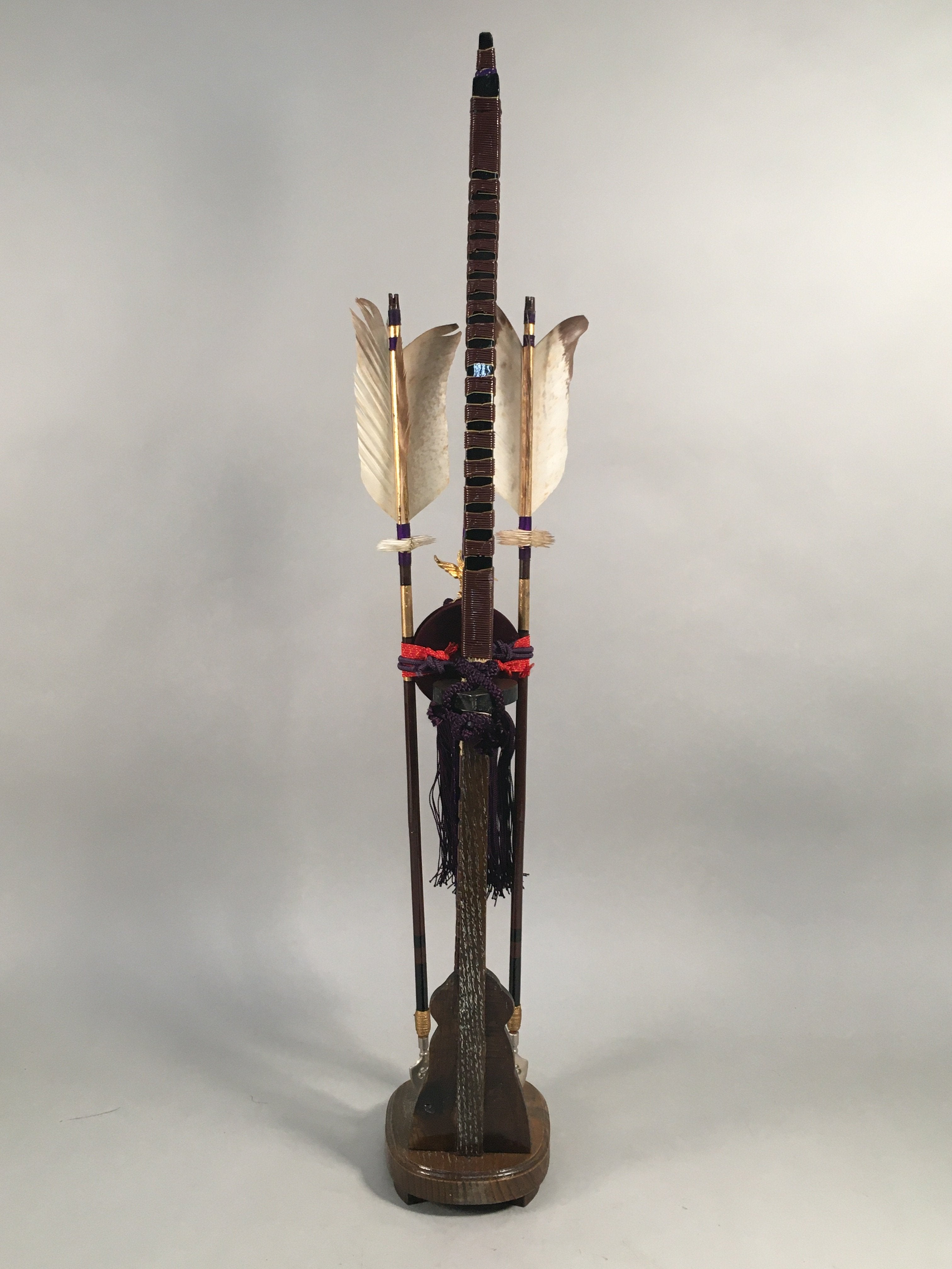 Japanese Boy's Day Bow Arrow Display Vtg Stand Wood Feather Amulet ID342