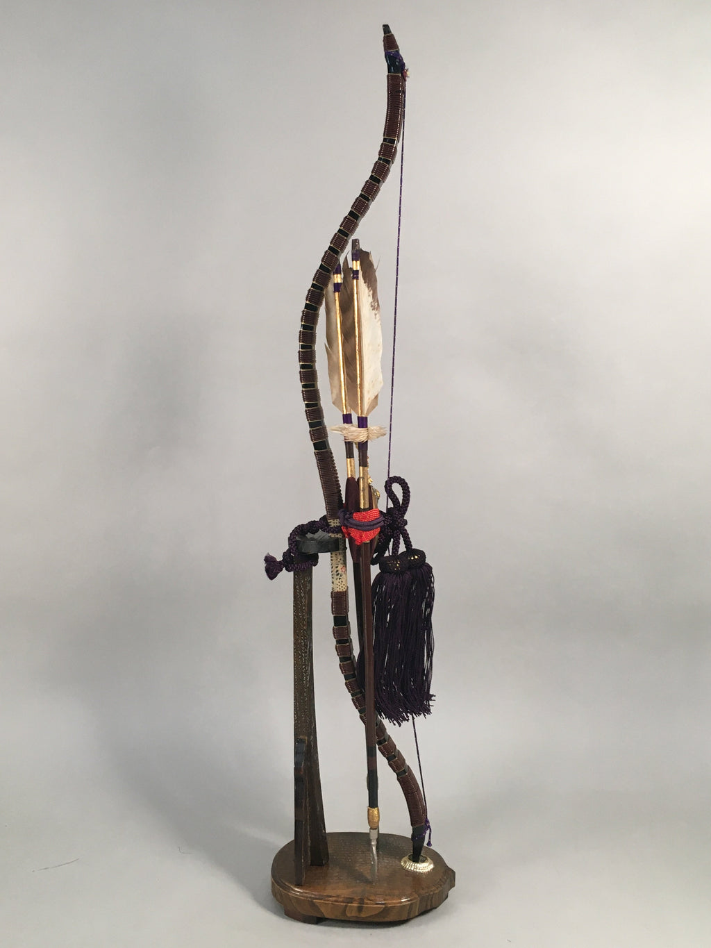 Japanese Boy's Day Bow Arrow Display Vtg Stand Wood Feather Amulet ID342