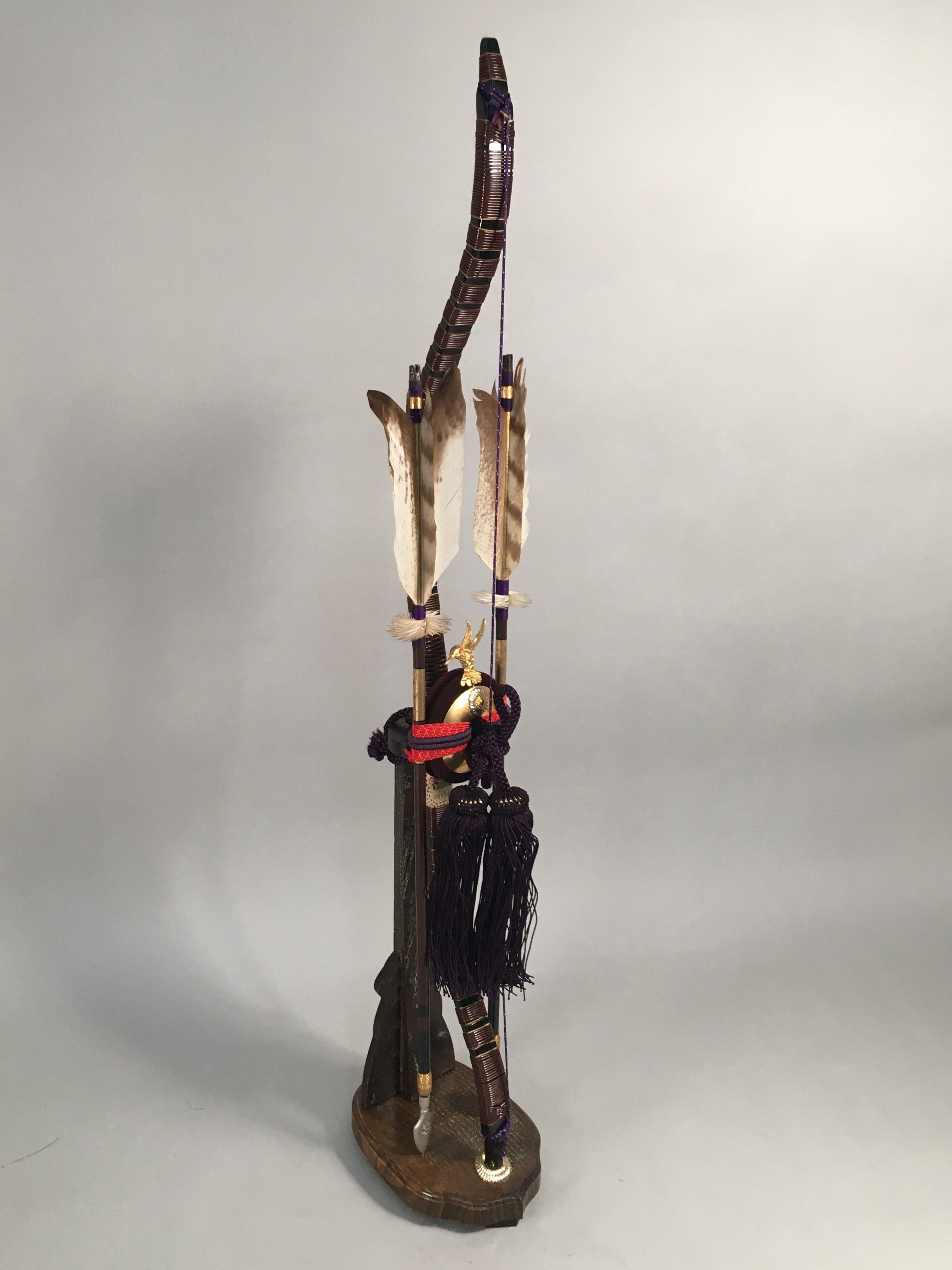 Japanese Boy's Day Bow Arrow Display Vtg Stand Wood Feather Amulet ID342