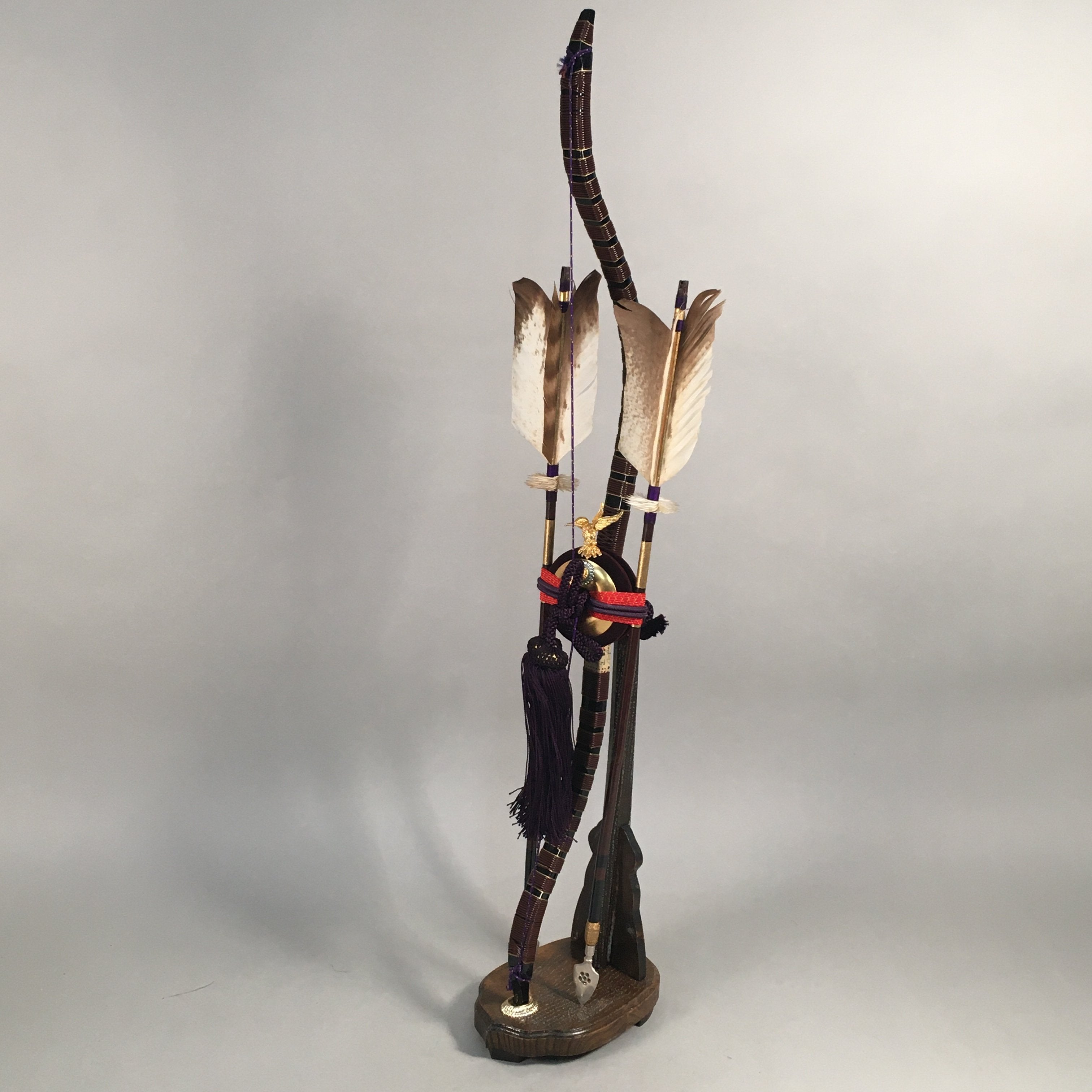 Japanese Boy's Day Bow Arrow Display Vtg Stand Wood Feather Amulet ID342