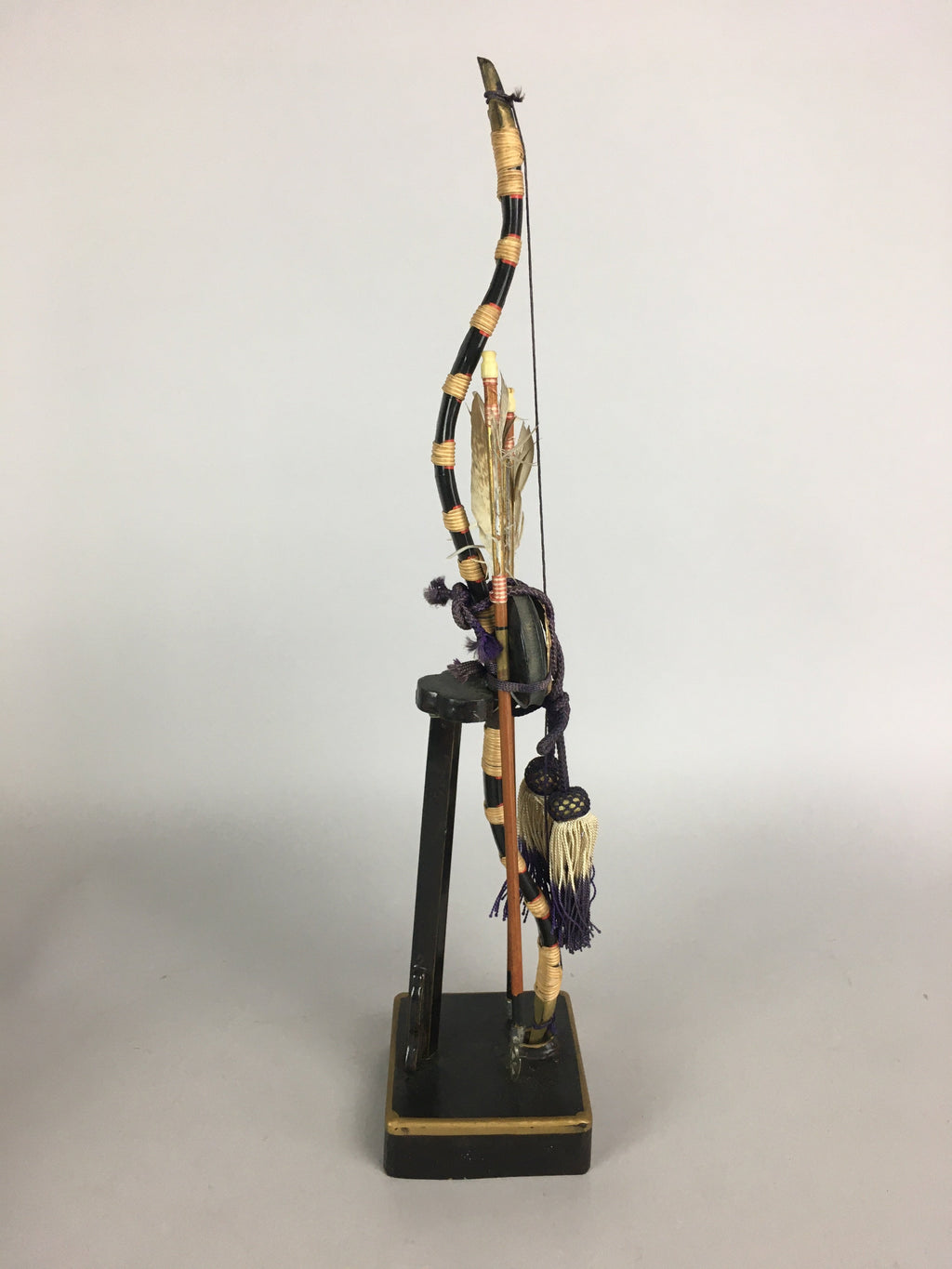 Japanese Boy's Day Bow Arrow Display Vtg Stand Wood Feather Amulet ID380