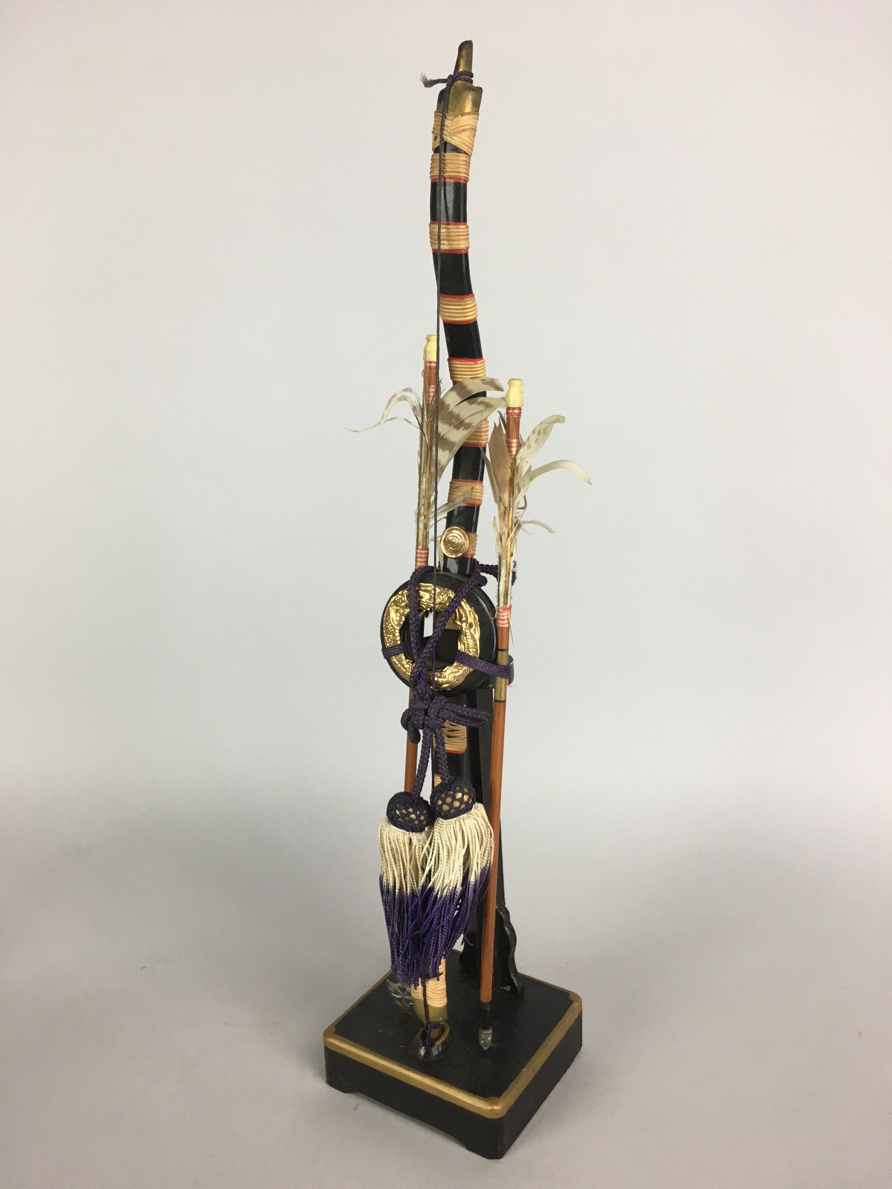 Japanese Boy's Day Bow Arrow Display Vtg Stand Wood Feather Amulet ID380