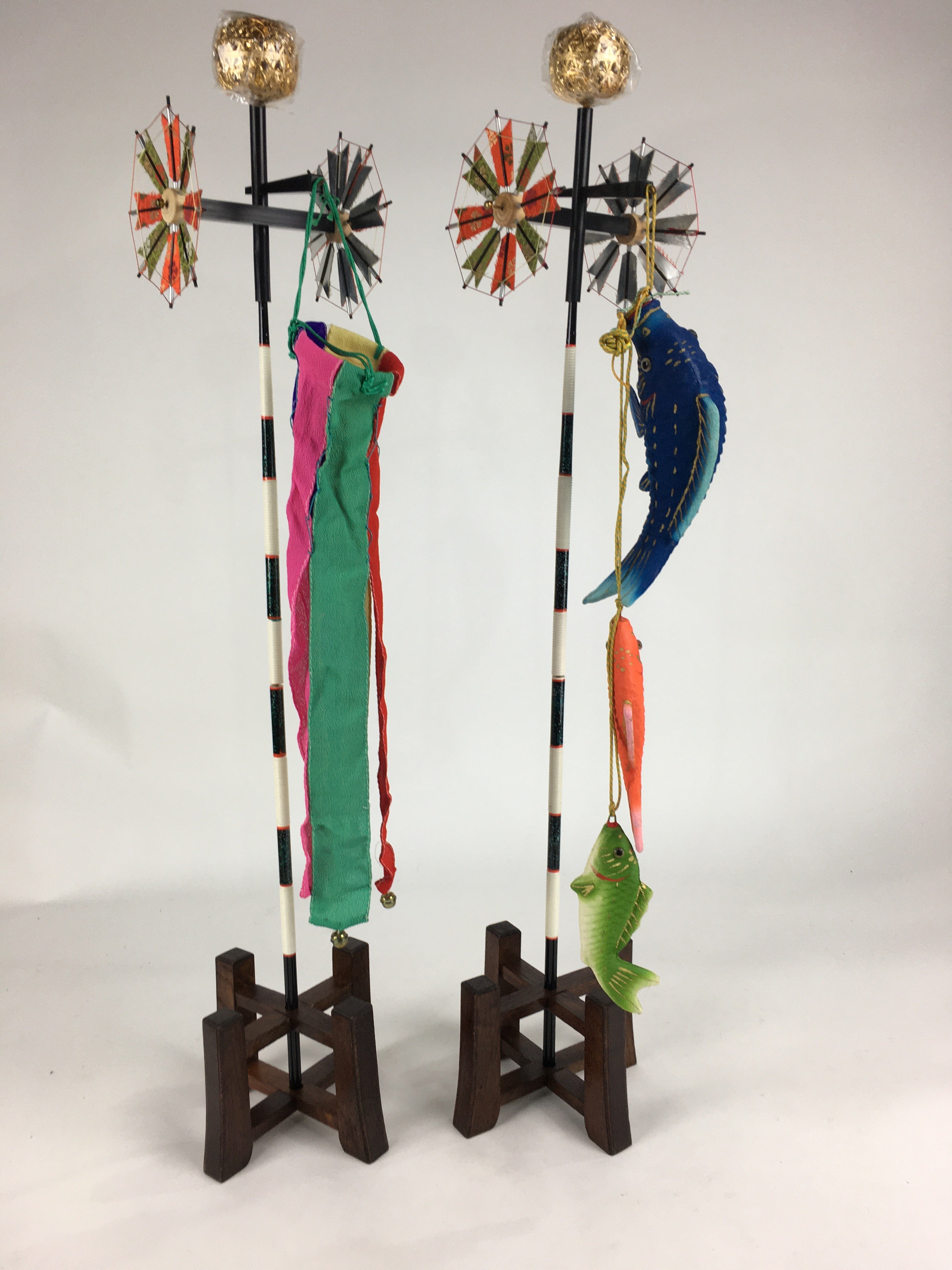 Japanese Boy's Day Koinobori Indoor Display 2 Stands Vtg Carp Streamer ID426