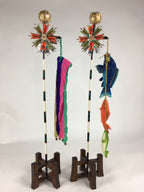 Japanese Boy's Day Koinobori Indoor Display 2 Stands Vtg Carp Streamer ID426