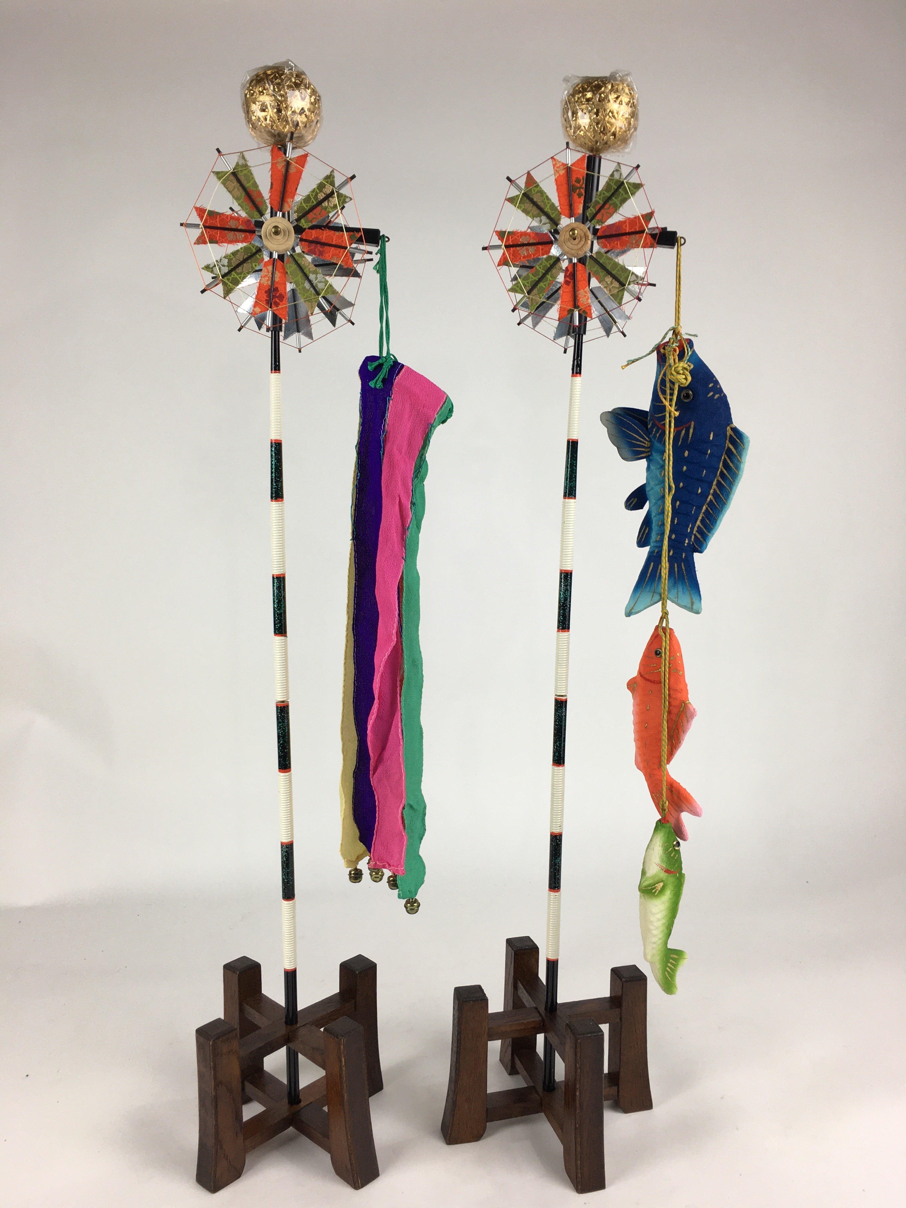 Japanese Boy's Day Koinobori Indoor Display 2 Stands Vtg Carp Streamer ID426