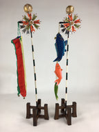 Japanese Boy's Day Koinobori Indoor Display 2 Stands Vtg Carp Streamer ID426