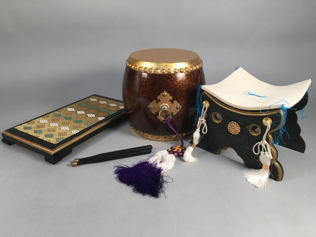 Japanese Boy's Day Taiko Drum Display Vtg Stand Striker Pillow Set ID318