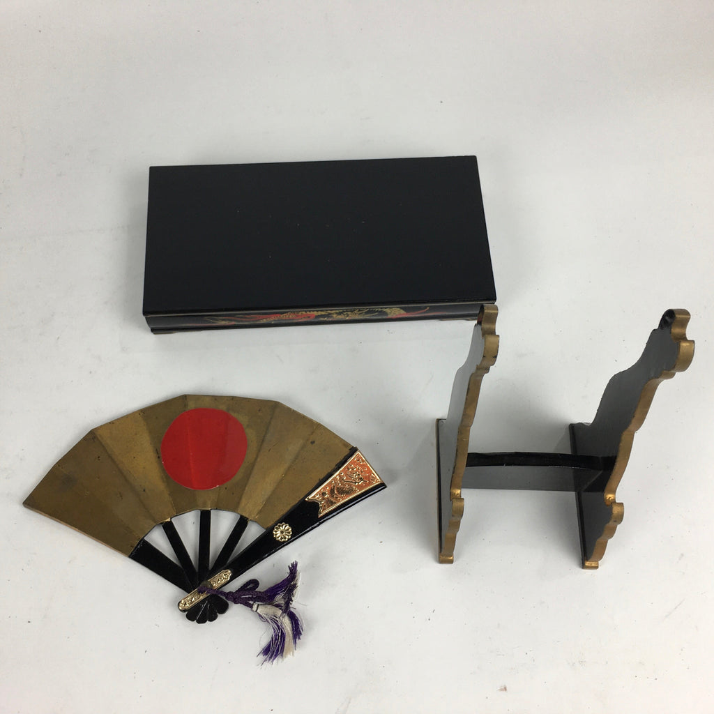 Japanese Boy's Day Wooden Folding Fan And Stand Set Vtg Japanese Flag ID398