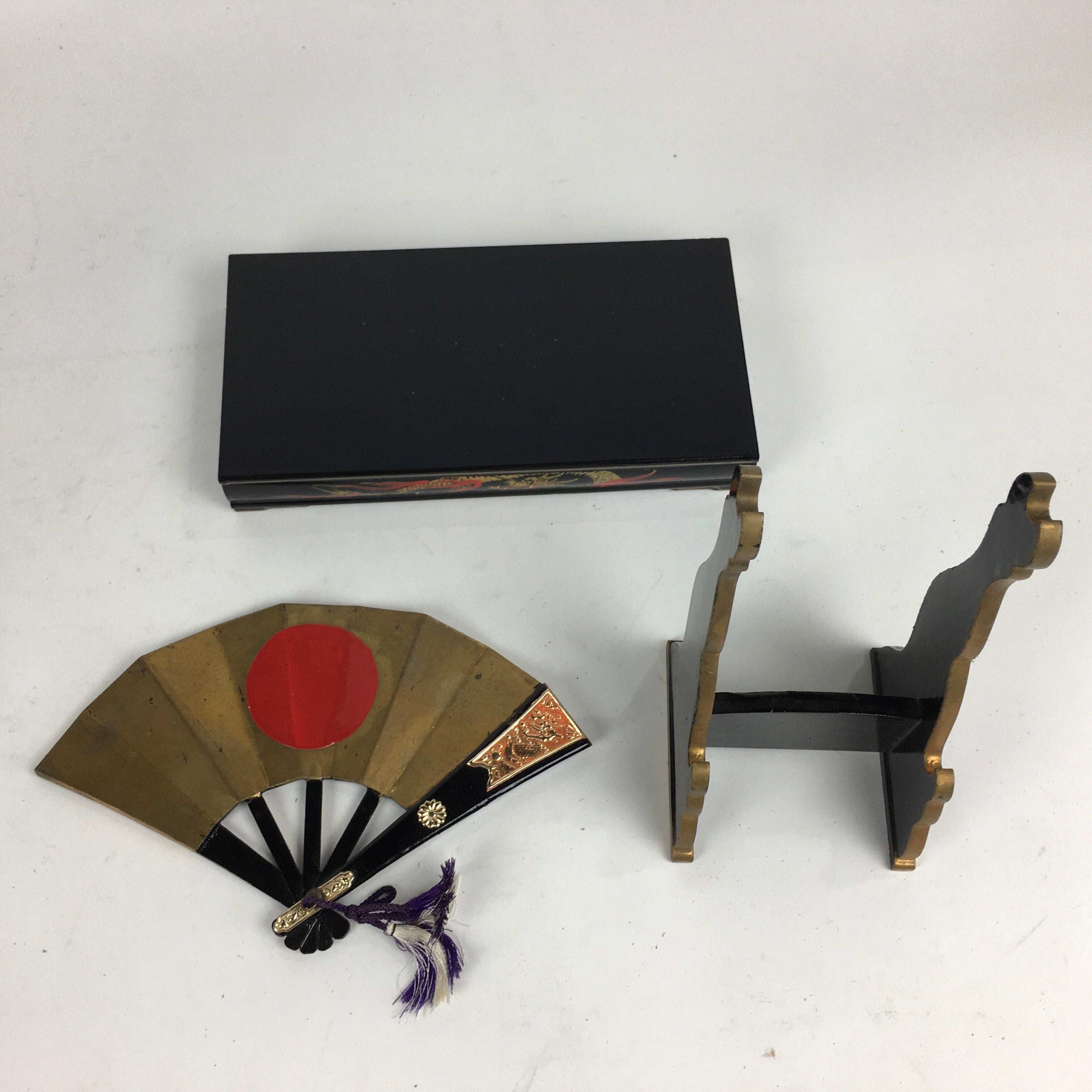 Japanese Boy's Day Wooden Folding Fan And Stand Set Vtg Japanese Flag ID398