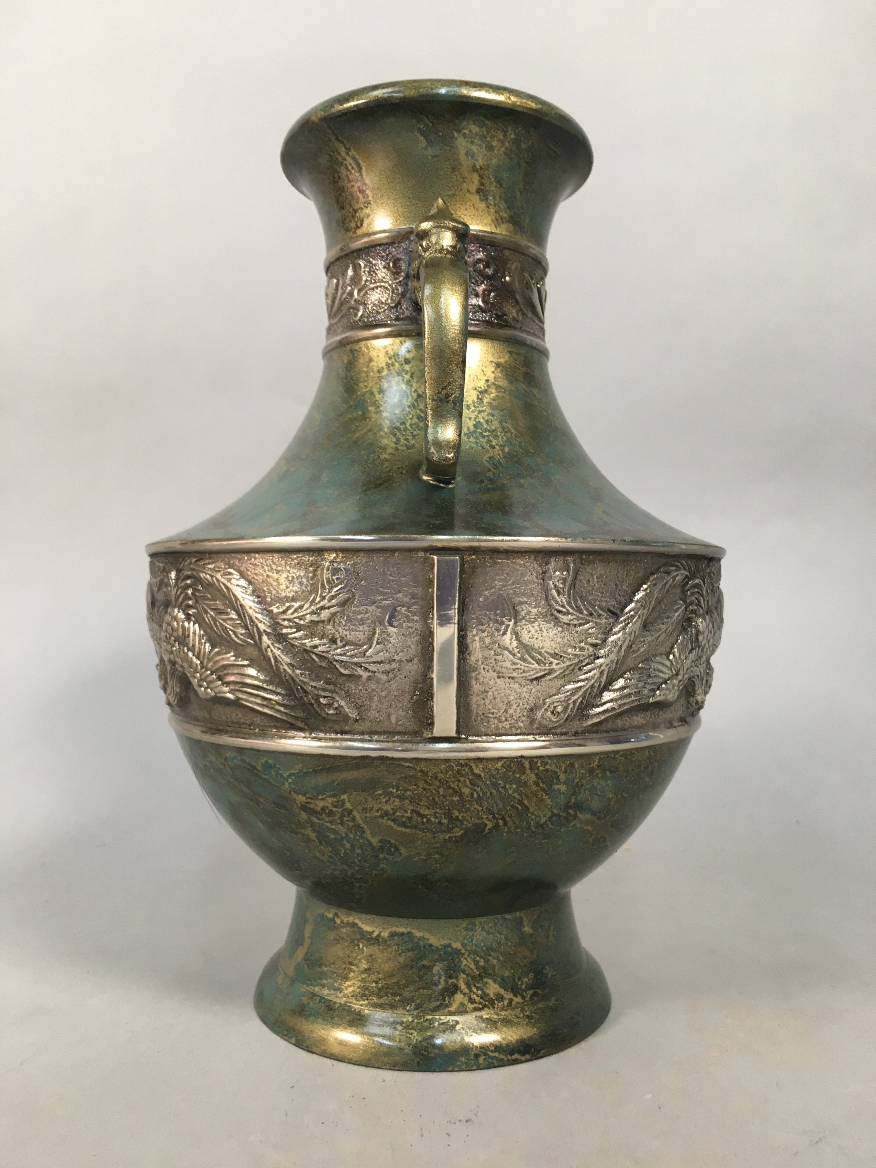Japanese Bronze Flower Vase Vtg Cast Metal Kabin Ikebana Green Gold Shishi FV894