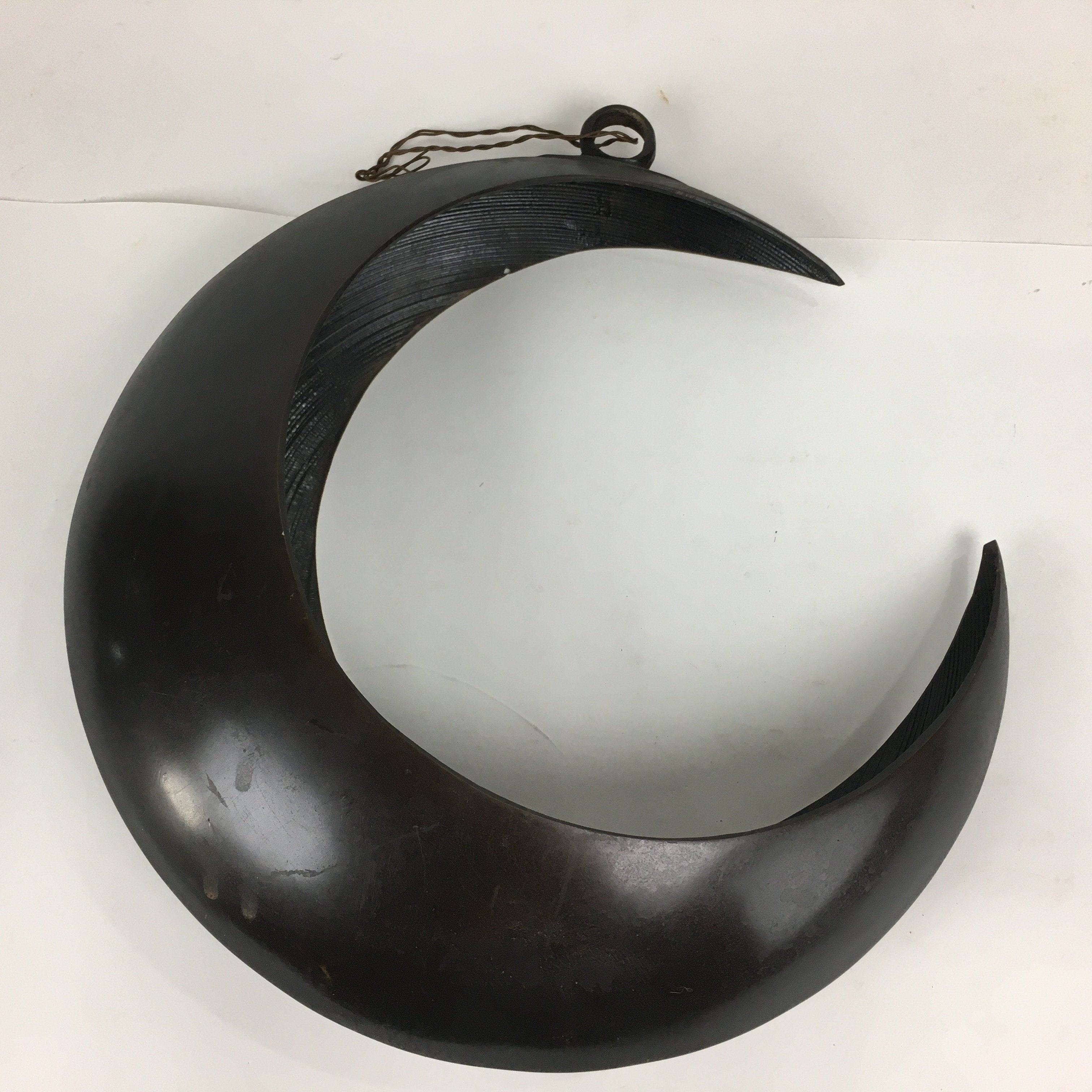 Japanese Bronze Flower Vase Vtg Crescent Moon Shape Black Ikebana Suiban FV942