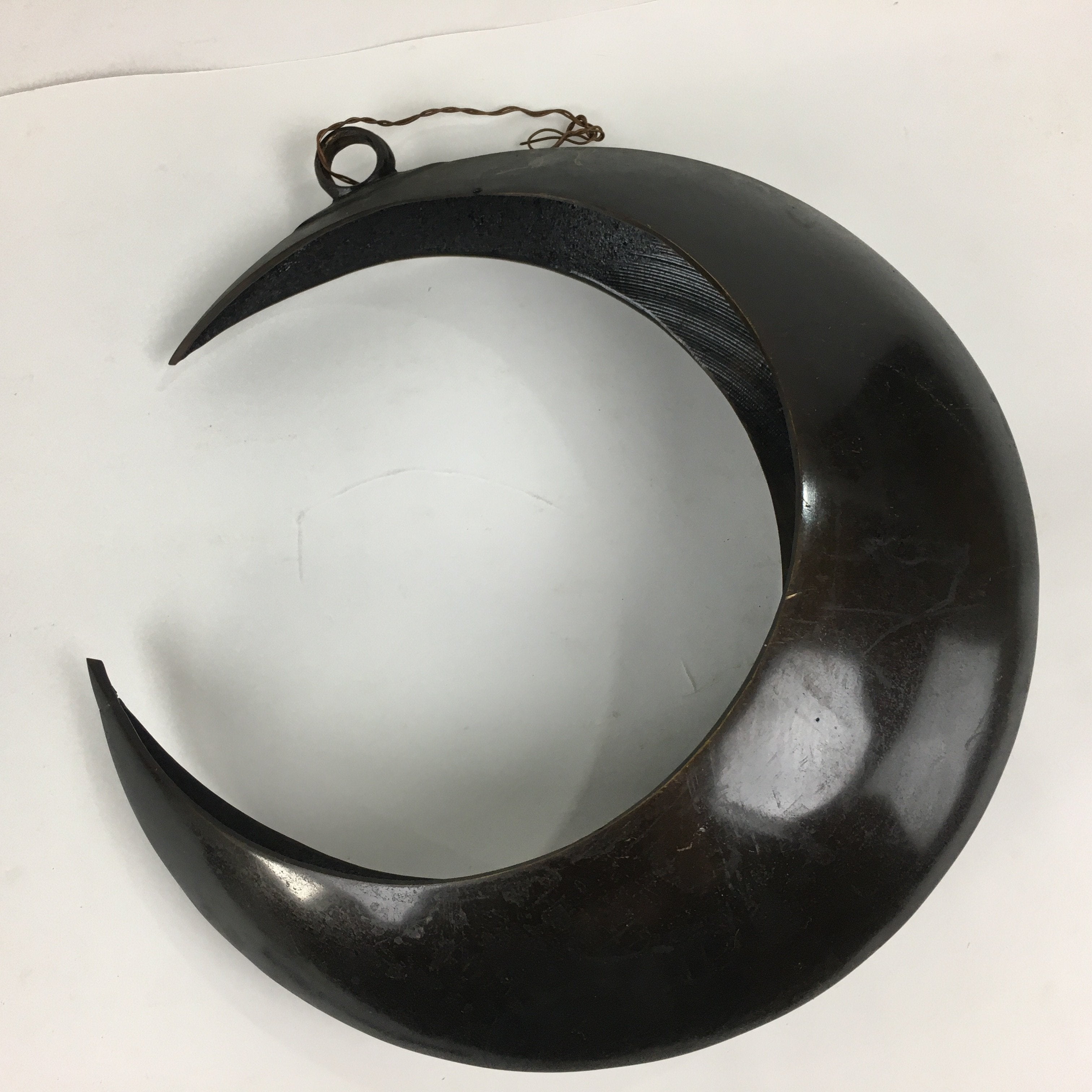 Japanese Bronze Flower Vase Vtg Crescent Moon Shape Black Ikebana Suiban FV942