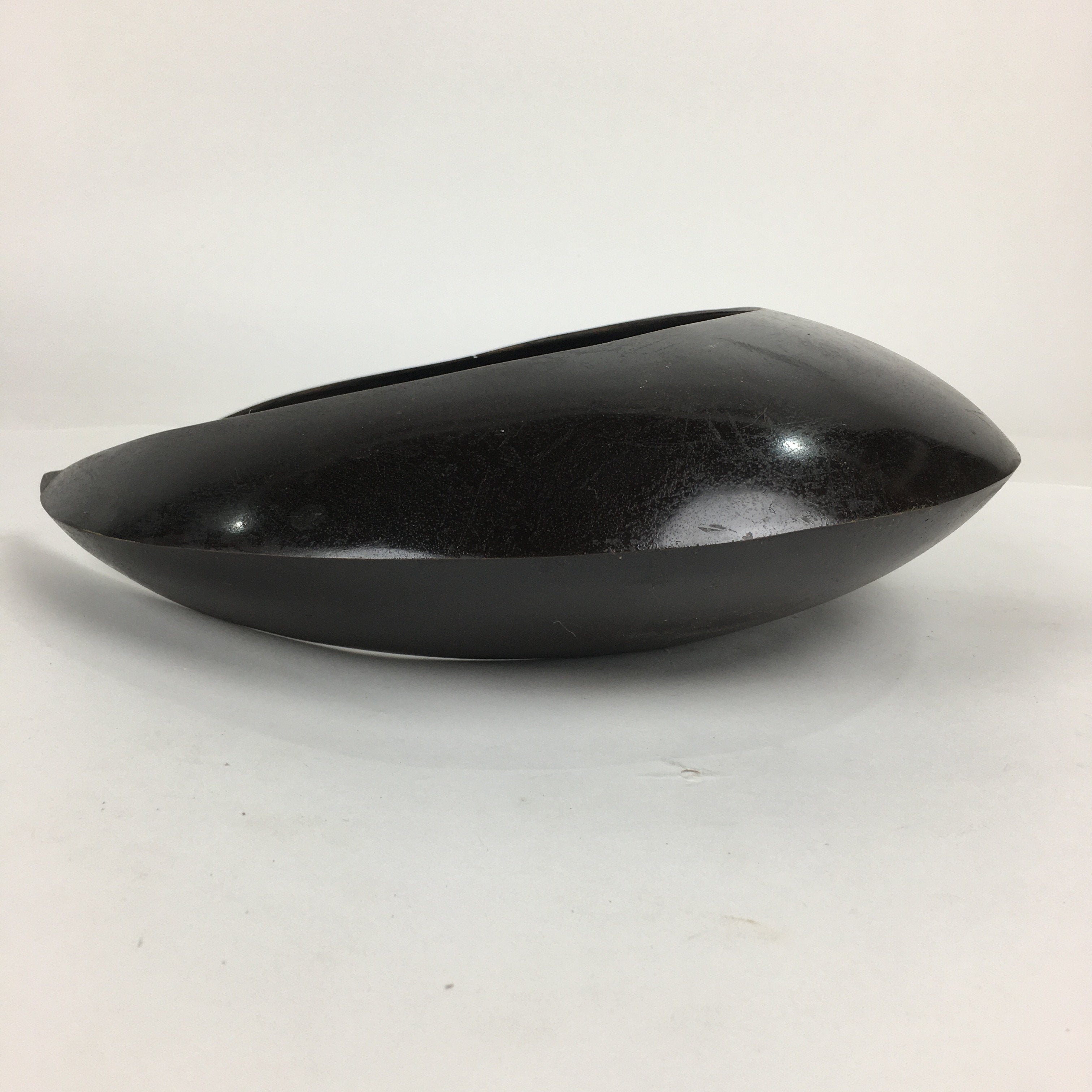 Japanese Bronze Flower Vase Vtg Crescent Moon Shape Black Ikebana Suiban FV942