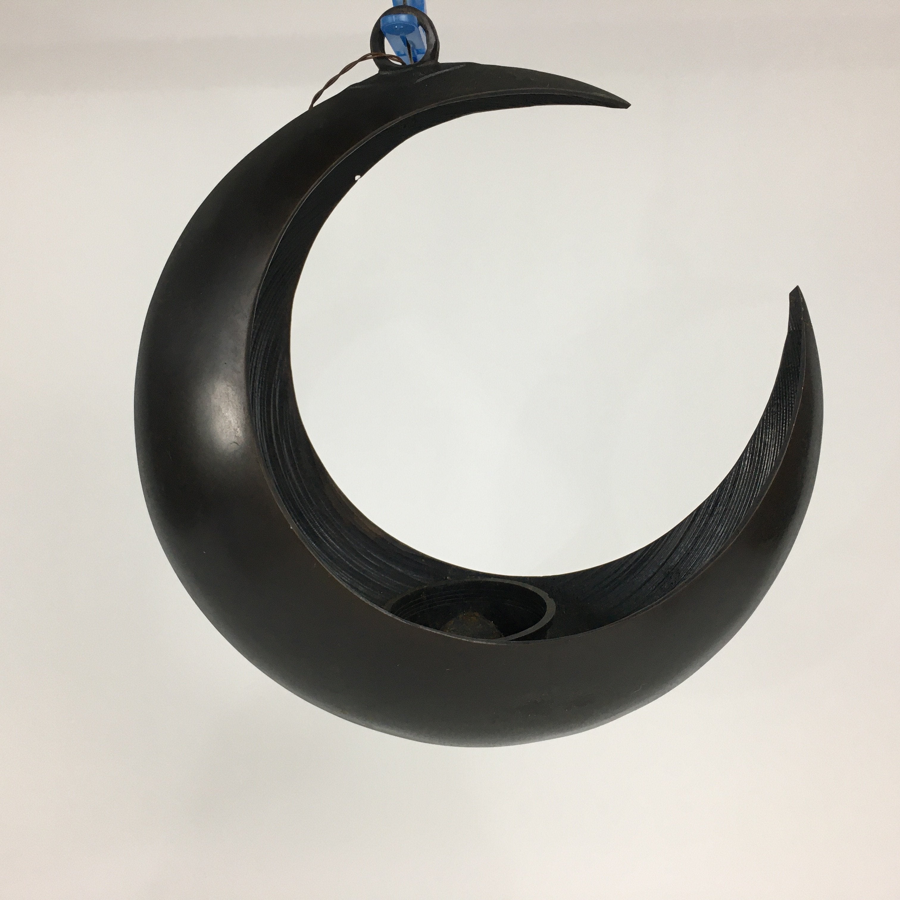 Japanese Bronze Flower Vase Vtg Crescent Moon Shape Black Ikebana Suiban FV942