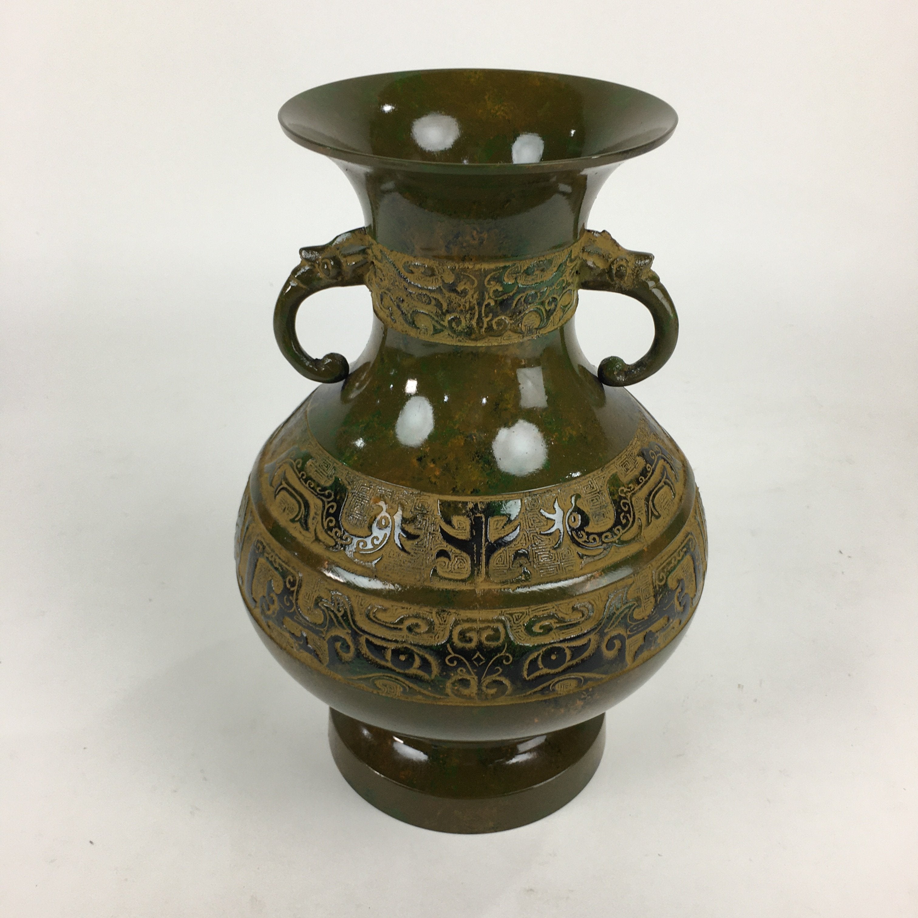 Japanese Bronze Flower Vase Vtg Metal Kabin Ikebana Arrangement Green PX554