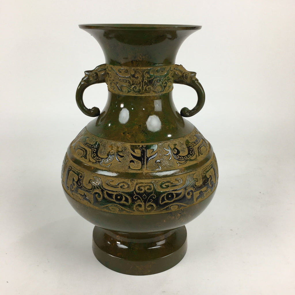 Japanese Bronze Flower Vase Vtg Metal Kabin Ikebana Arrangement Green PX554