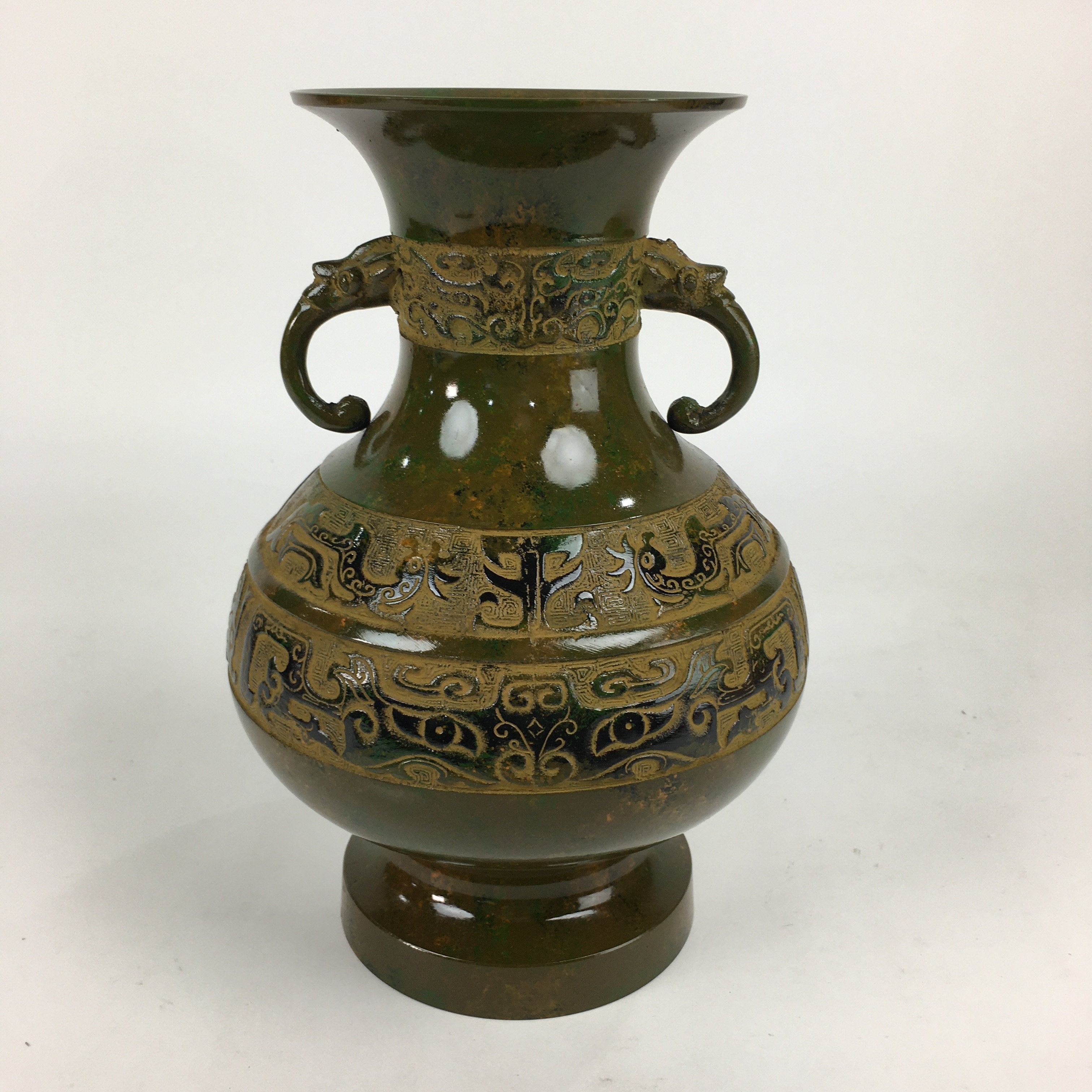 Japanese Bronze Flower Vase Vtg Metal Kabin Ikebana Arrangement Green PX554