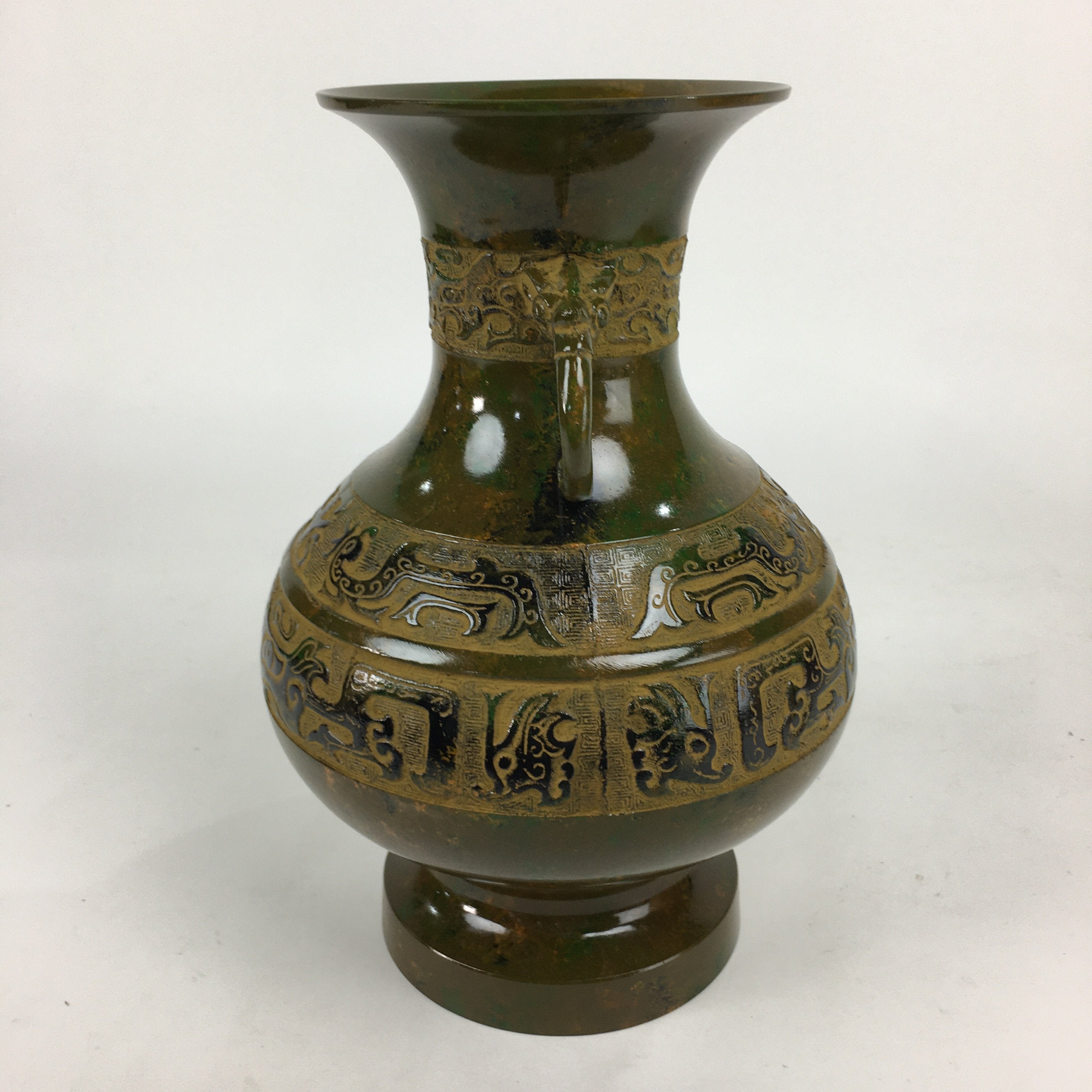Japanese Bronze Flower Vase Vtg Metal Kabin Ikebana Arrangement Green PX554