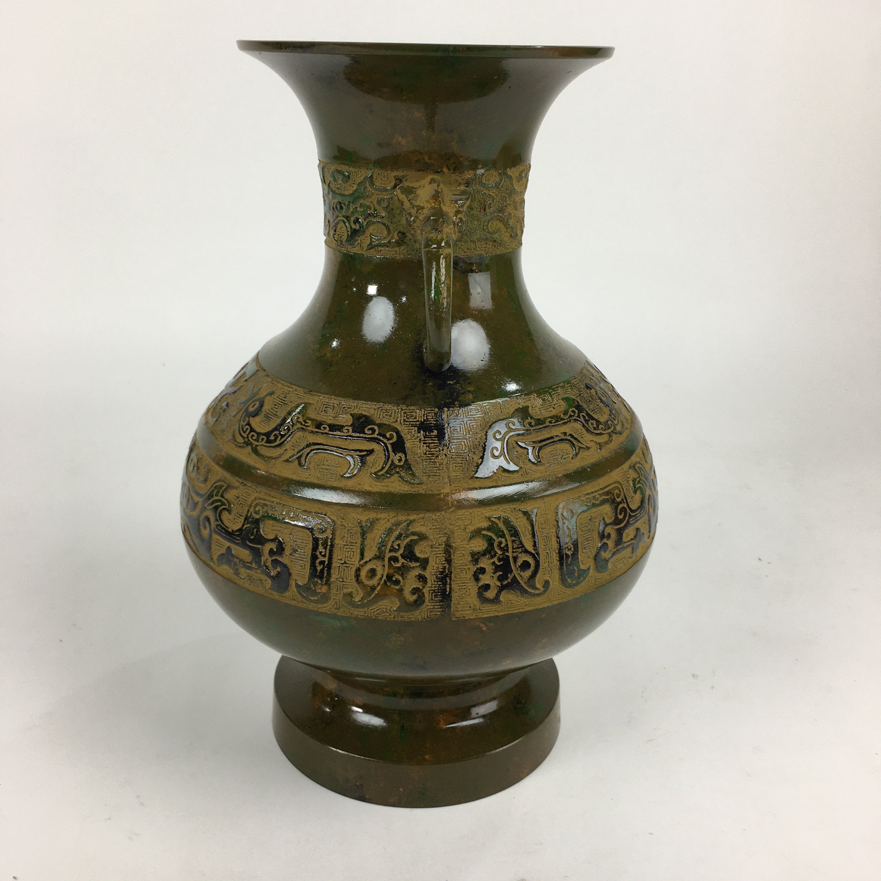 Japanese Bronze Flower Vase Vtg Metal Kabin Ikebana Arrangement Green PX554