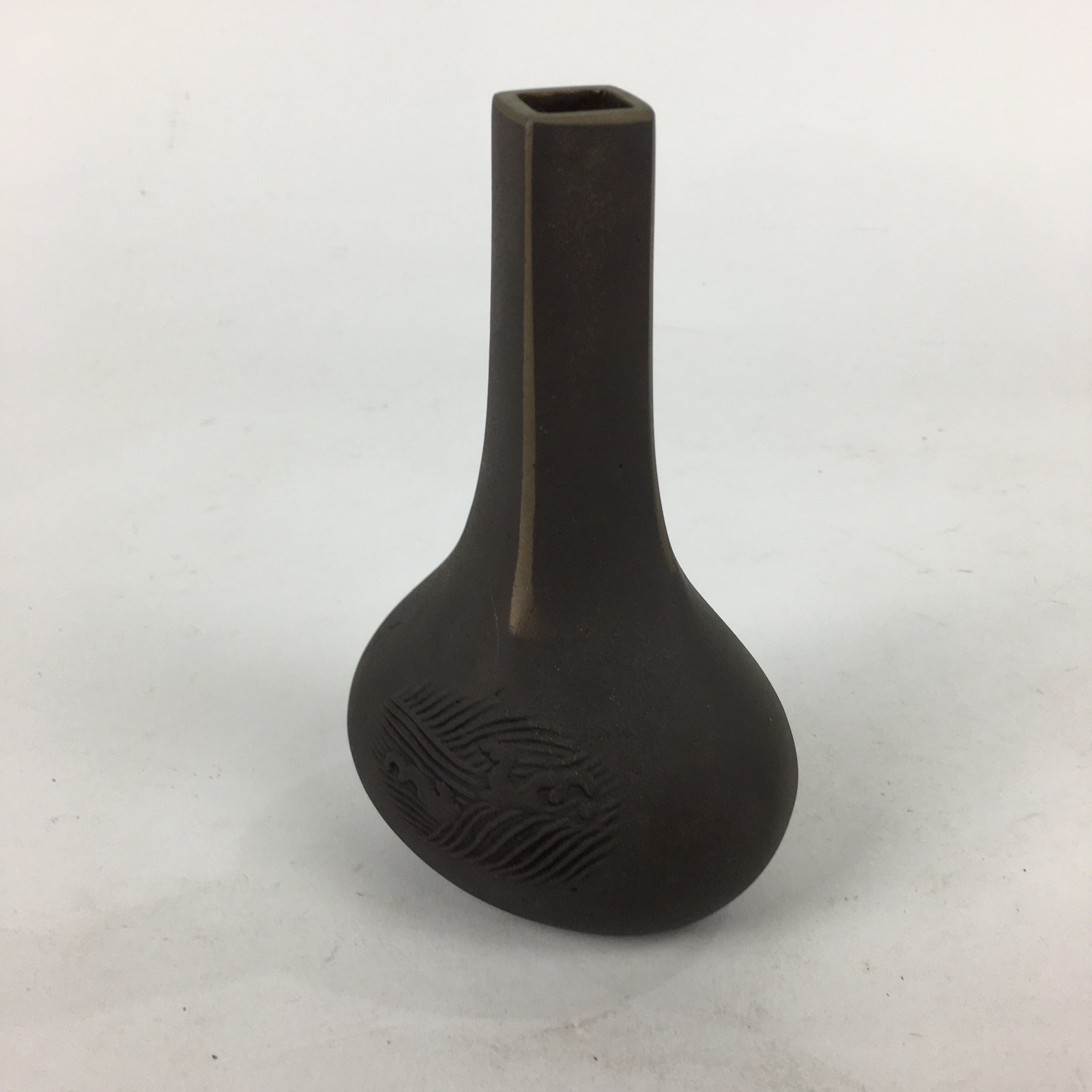 Japanese Bronze Single Flower Vase Kabin Vtg Wave Design Brown FV977