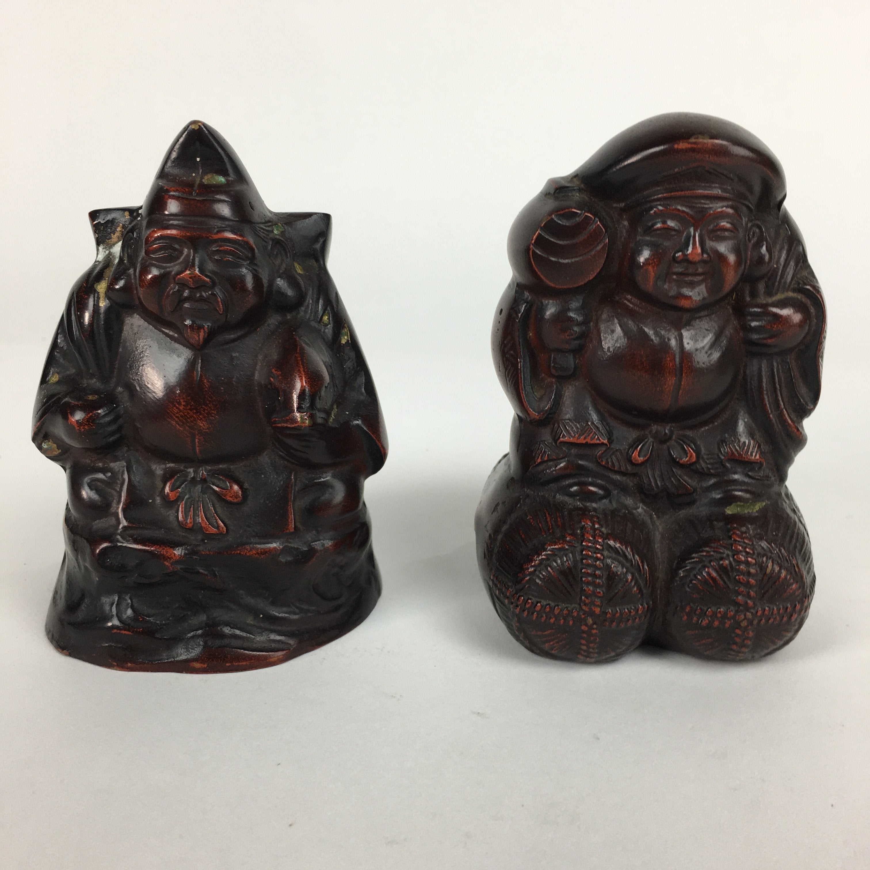 Japanese Bronze Statue Vtg 7 Lucky Gods Ebisu Daikokuten Wooden Box PX543