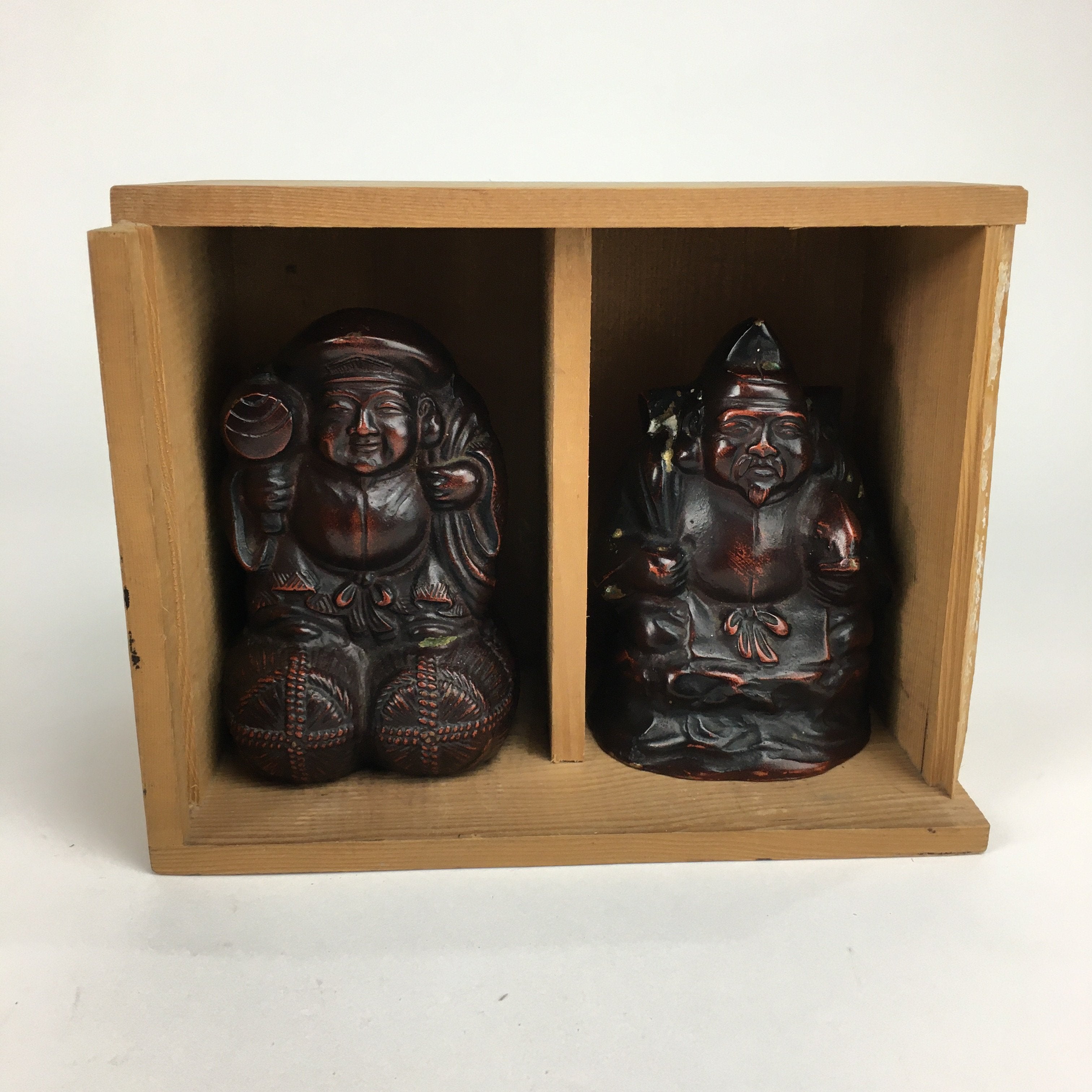 Japanese Bronze Statue Vtg 7 Lucky Gods Ebisu Daikokuten Wooden Box PX543