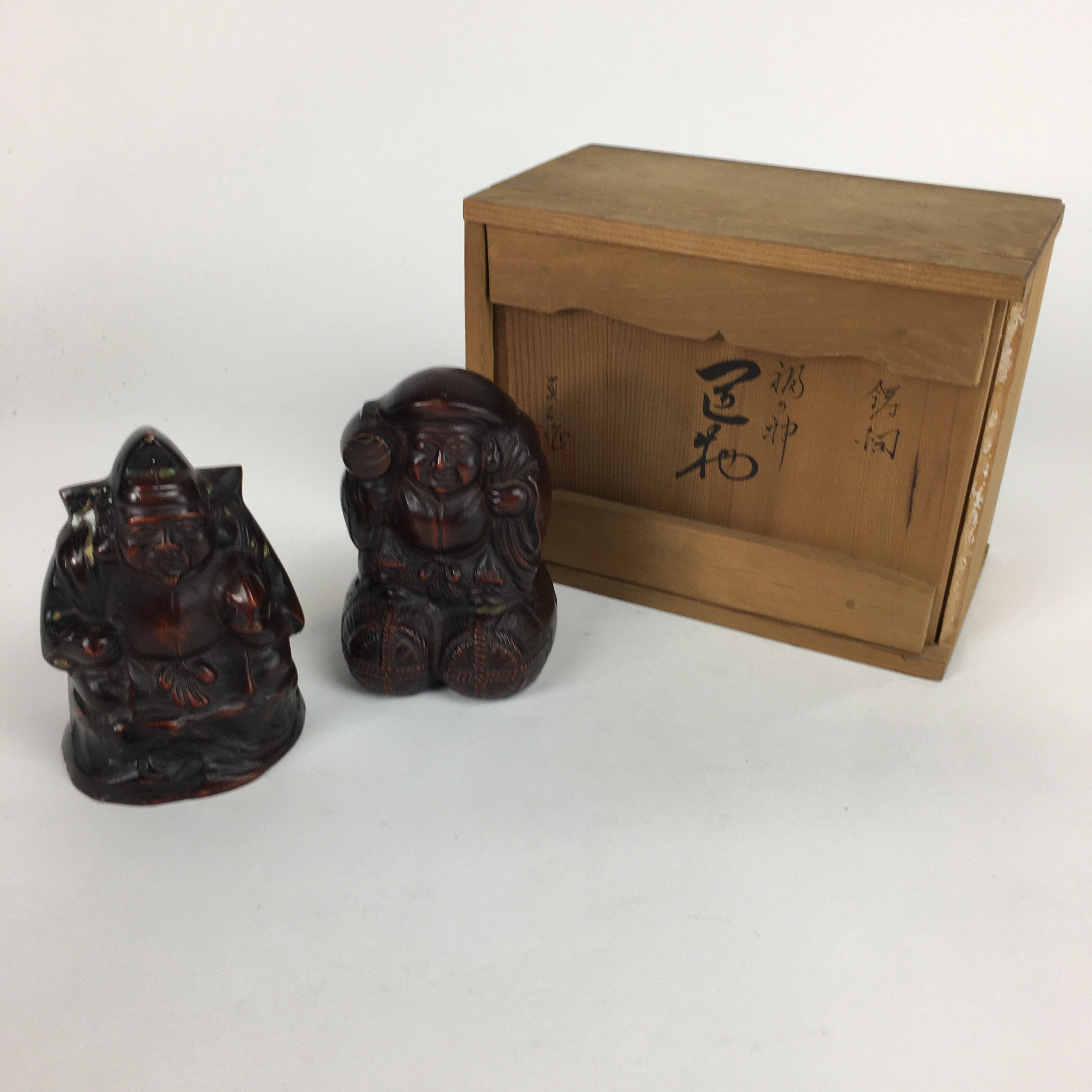 Japanese Bronze Statue Vtg 7 Lucky Gods Ebisu Daikokuten Wooden Box PX543