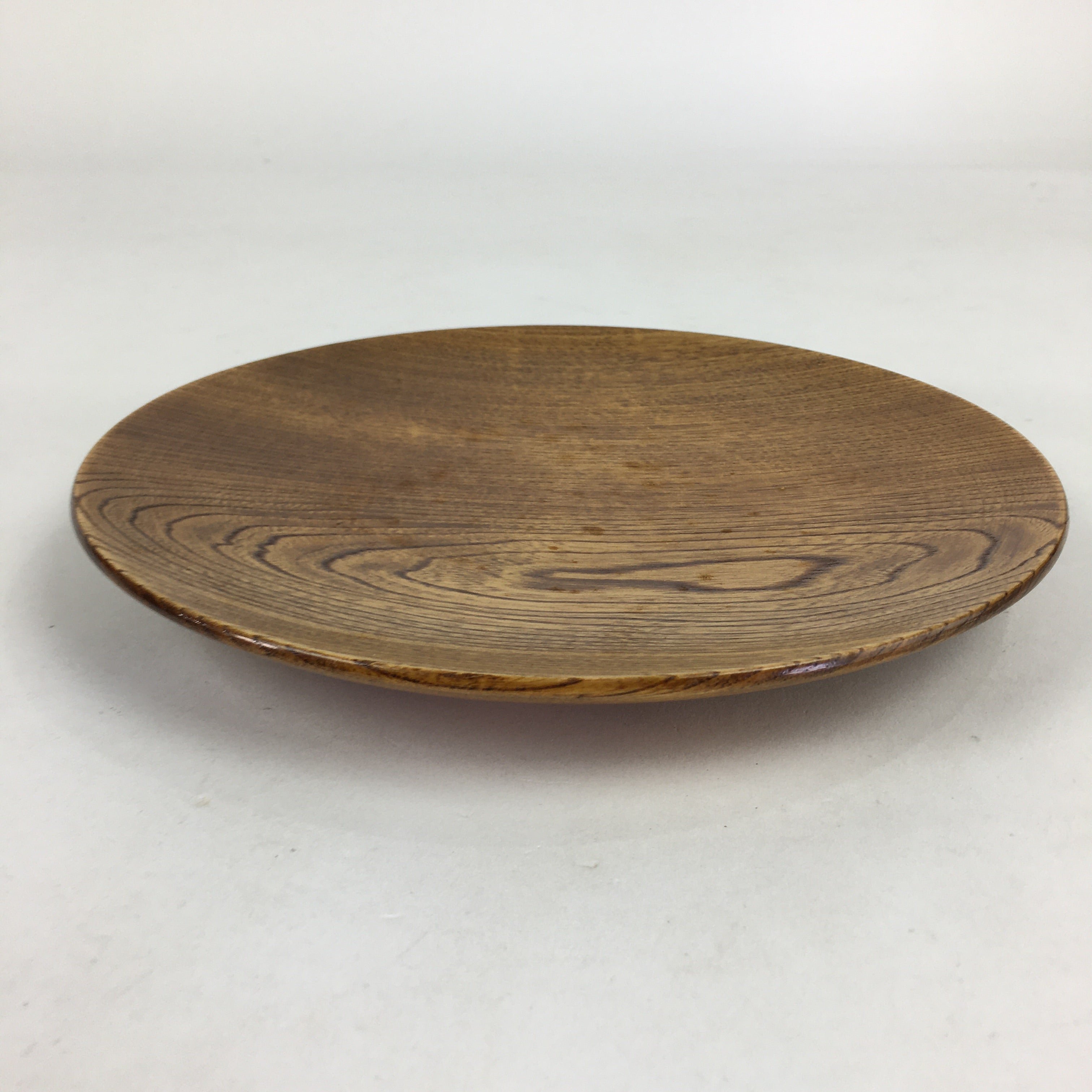 Japanese Brushed Lacquer Wooden Plate Vtg Round Natural Grain Brown UR686