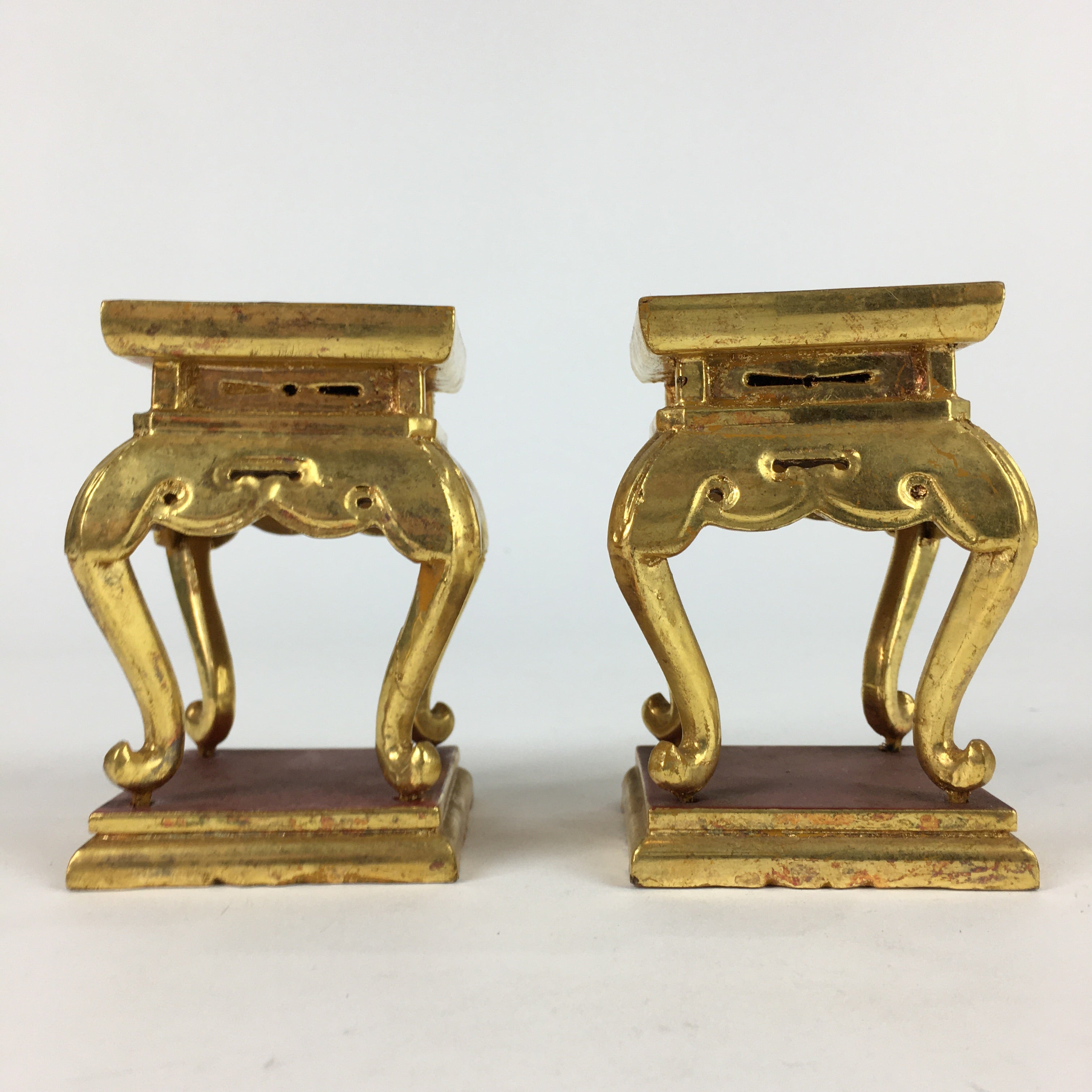 Japanese Buddhist Altar Fitting 2 pc Set Vtg Gold Offering Stand Gold Red BU702