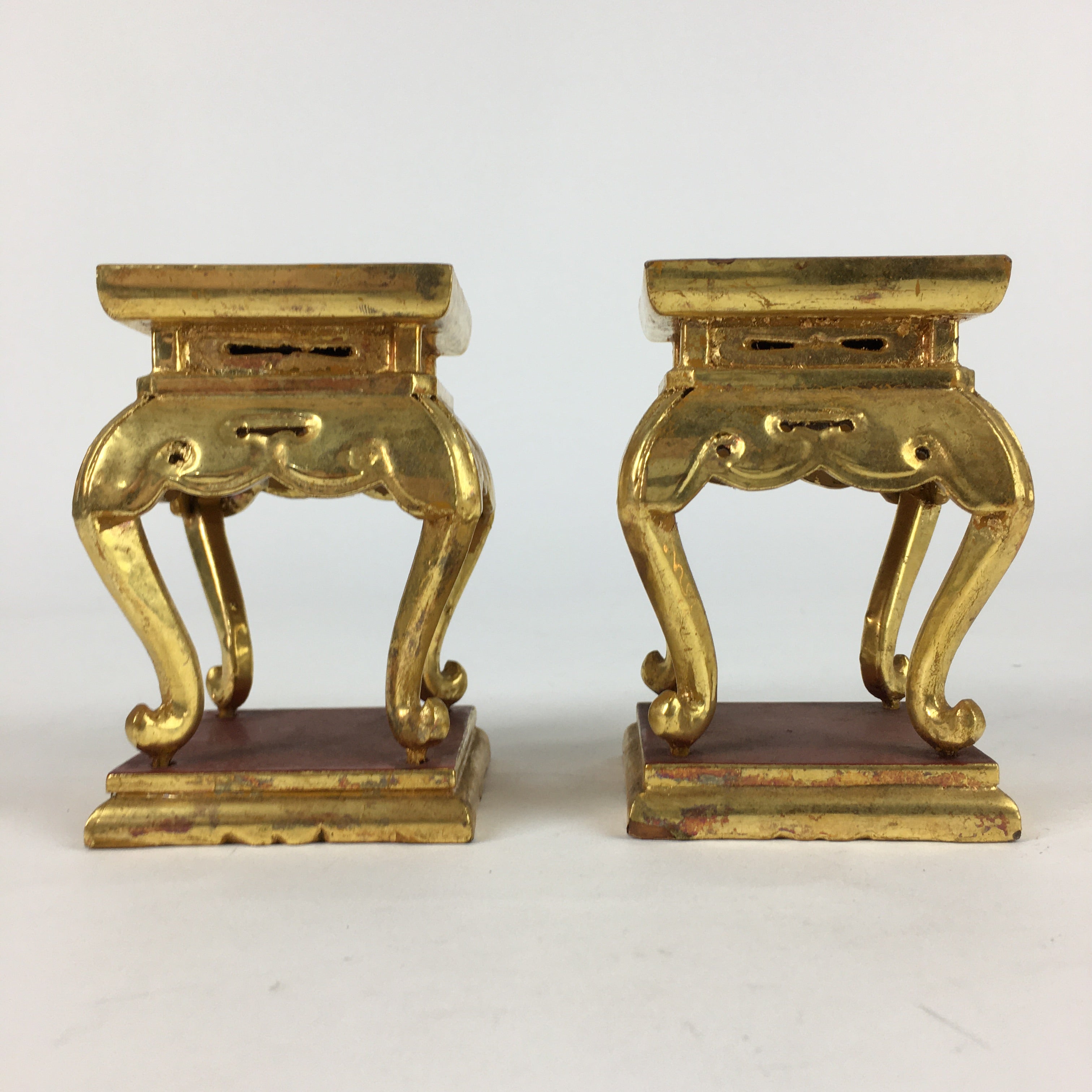 Japanese Buddhist Altar Fitting 2 pc Set Vtg Gold Offering Stand Gold Red BU702