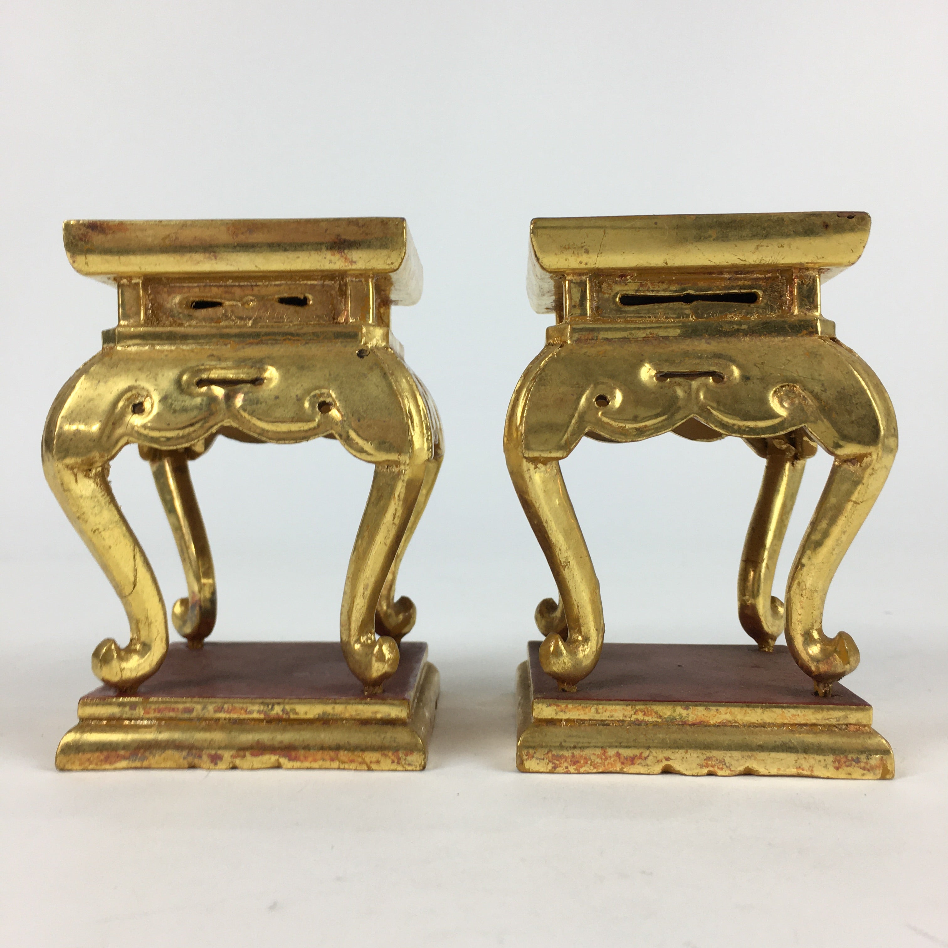 Japanese Buddhist Altar Fitting 2 pc Set Vtg Gold Offering Stand Gold Red BU702