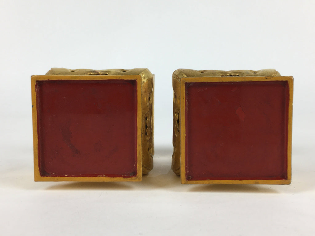 Japanese Buddhist Altar Fitting 2 pc Set Vtg Gold Offering Stand Gold Red BU702