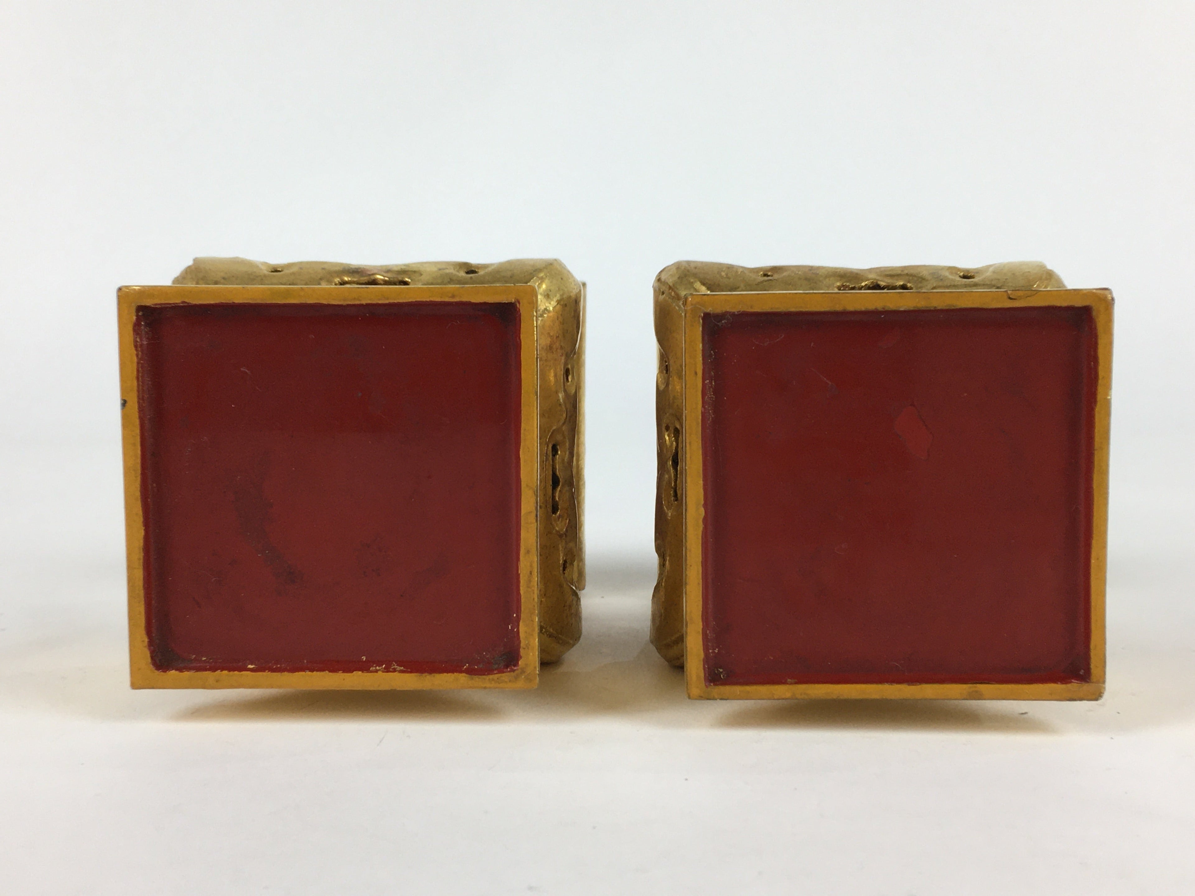 Japanese Buddhist Altar Fitting 2 pc Set Vtg Gold Offering Stand Gold Red BU702