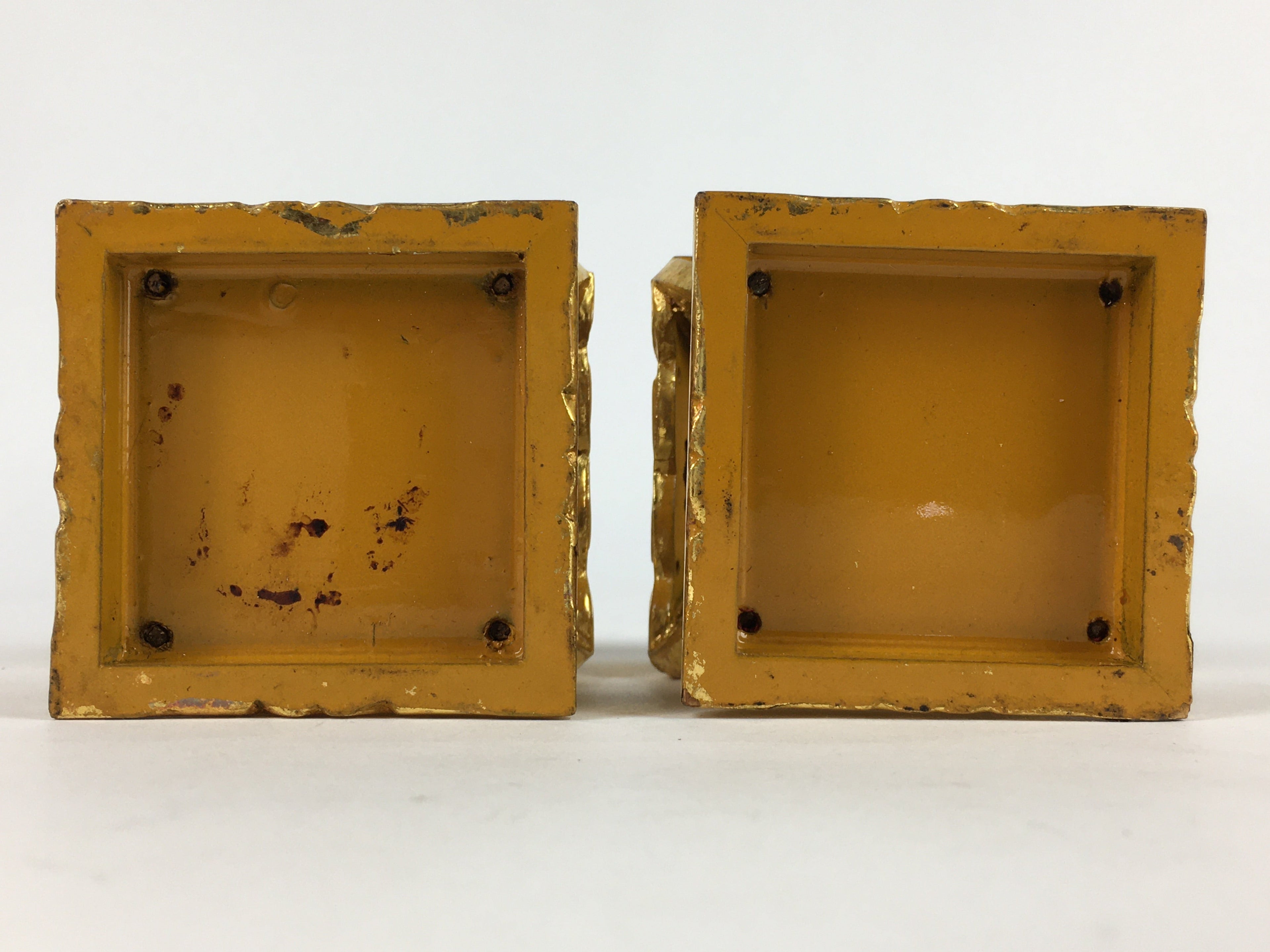 Japanese Buddhist Altar Fitting 2 pc Set Vtg Gold Offering Stand Gold Red BU702