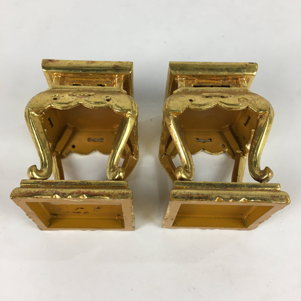 Japanese Buddhist Altar Fitting 2 pc Set Vtg Gold Offering Stand Gold Red BU702