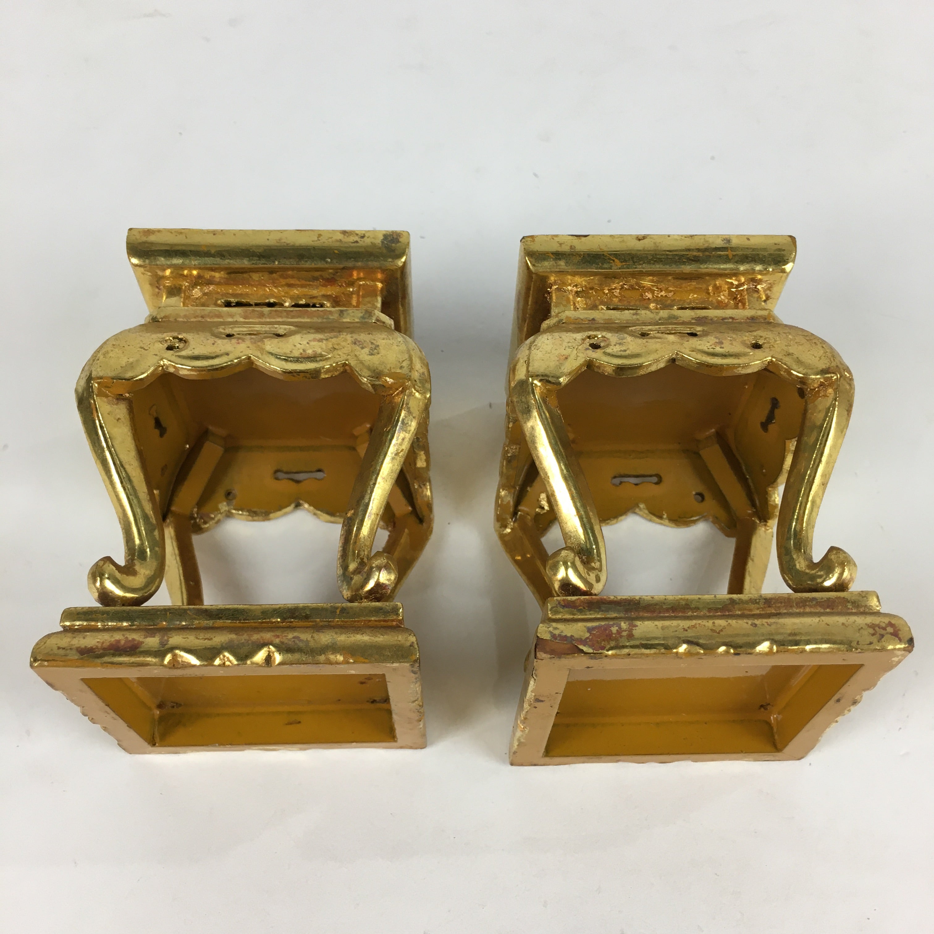 Japanese Buddhist Altar Fitting 2 pc Set Vtg Gold Offering Stand Gold Red BU702